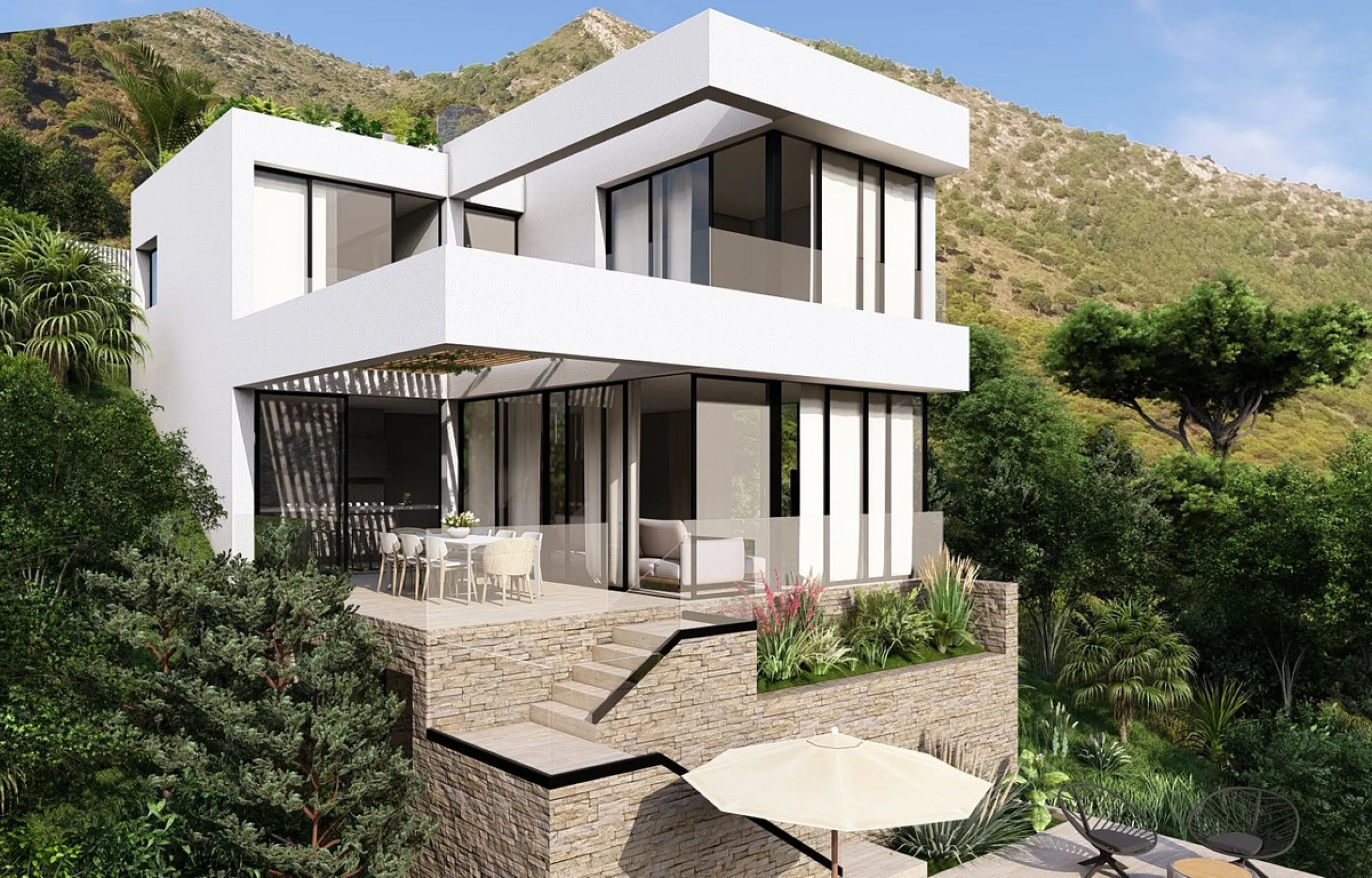 This contemporary villa offers stunning open sea views and a great location in Buenavista, just a short drive to Benalmadena, Fuengirola and the beaches. The design of the villa connects the living spaces with the terraces, creating wonderful indoor-outdo