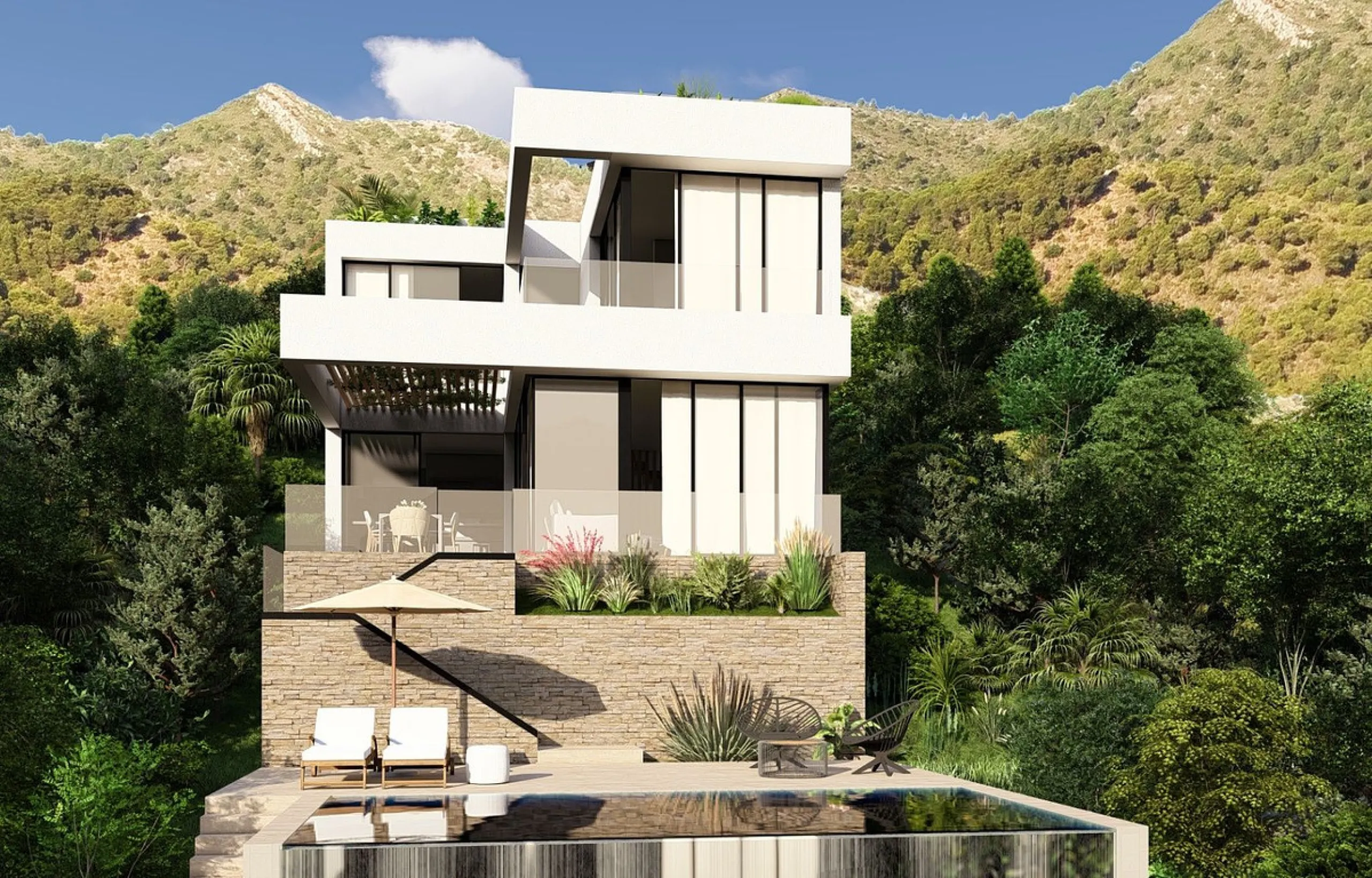 This contemporary villa offers stunning open sea views and a great location in Buenavista, just a short drive to Benalmadena, Fuengirola and the beaches. The design of the villa connects the living spaces with the terraces, creating wonderful indoor-outdo