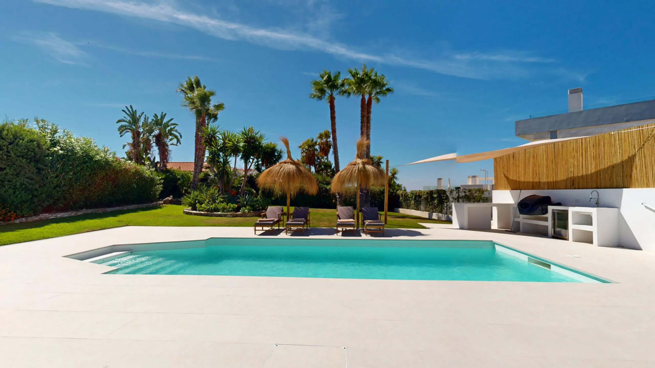 This magnificent villa represents a unique opportunity to acquire a tastefully renovated residence in one of the most sought-after areas of Estepona. Situated in the spacious and peaceful Don Pedro urbanization, the property is just five minutes from the 