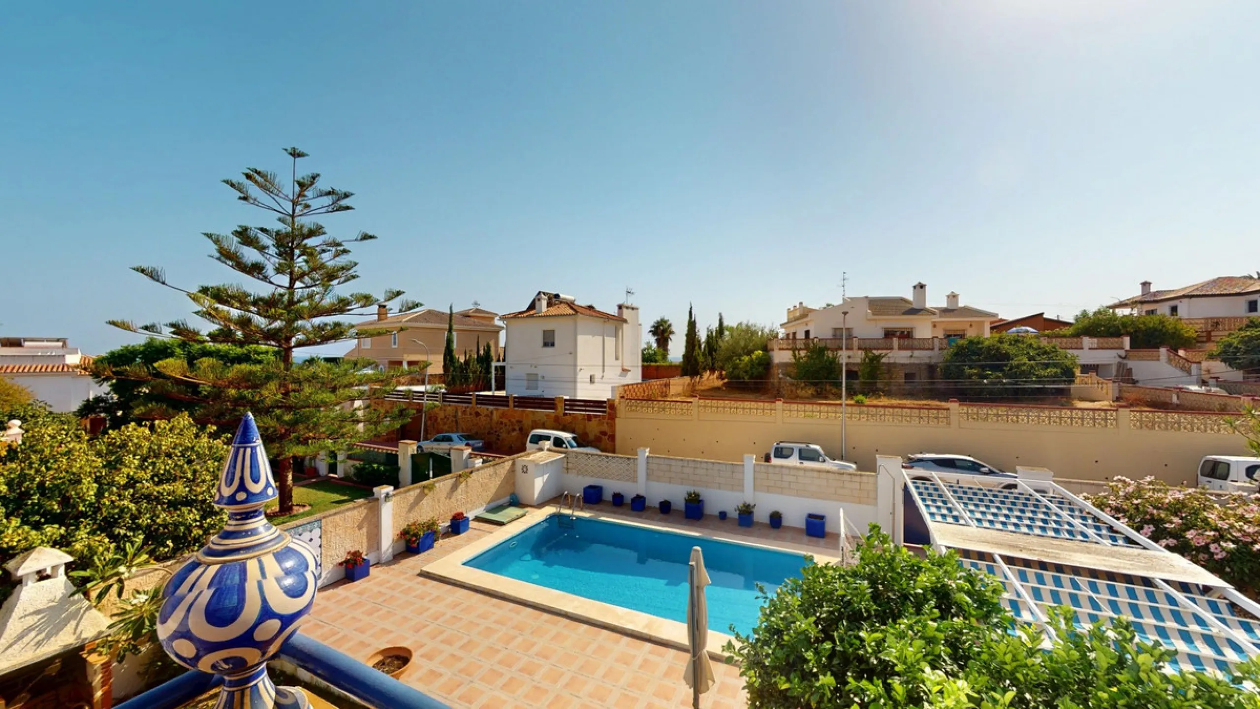 This beautiful Spanish villa spans two floors and features three bedrooms, including an impressive primary suite, and two bathrooms, blending traditional Andalusian charm with modern comfort. The Mediterranean-inspired design is reflected in the terracott