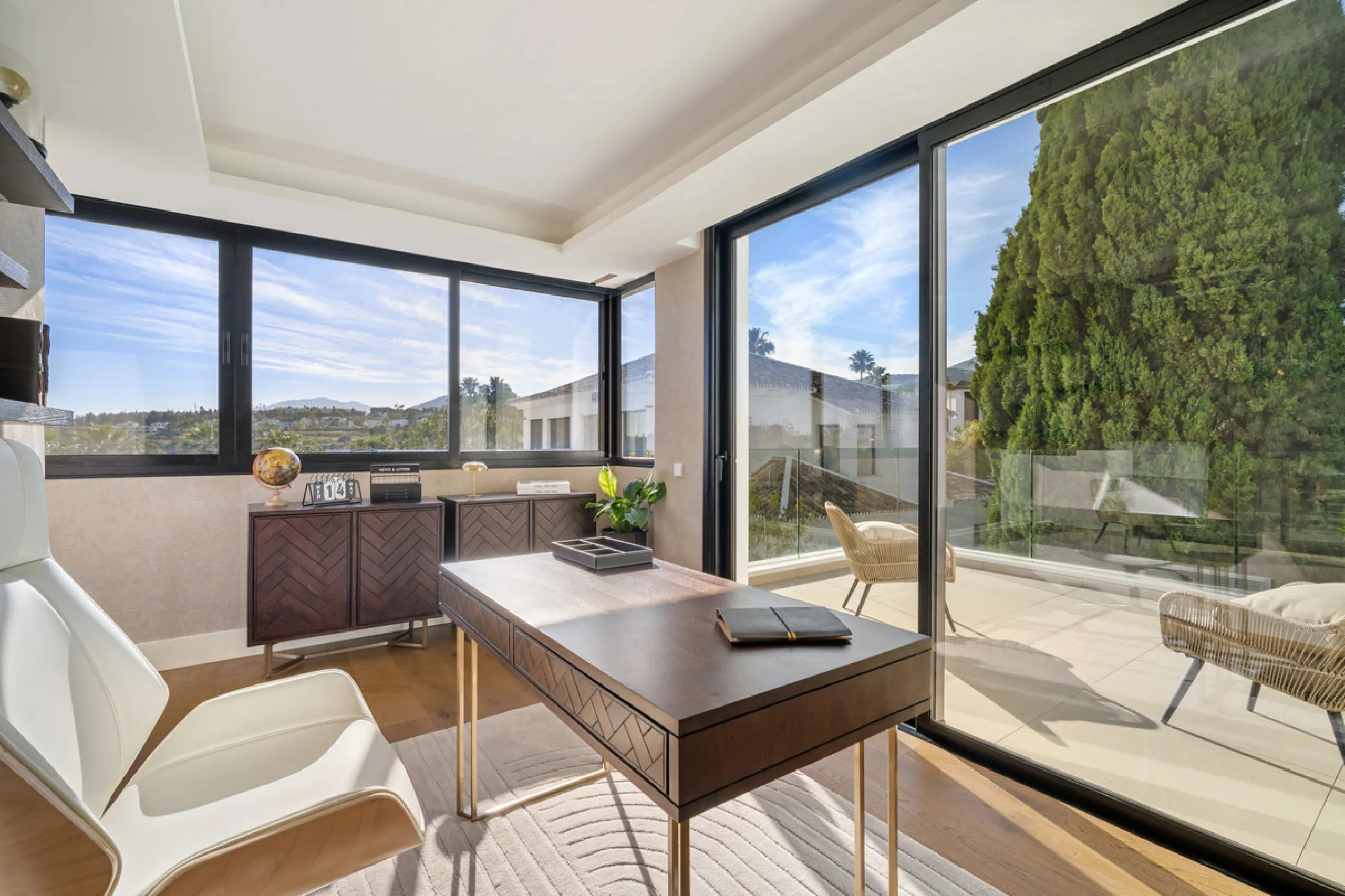 Boasting of unparalleled architecture and unrivalled construction quality, the villa offers sophisticated and contemporary living, sitting on a private plot within a secure community with breathtaking front-line panoramic views towards Los Naranjos Golf c