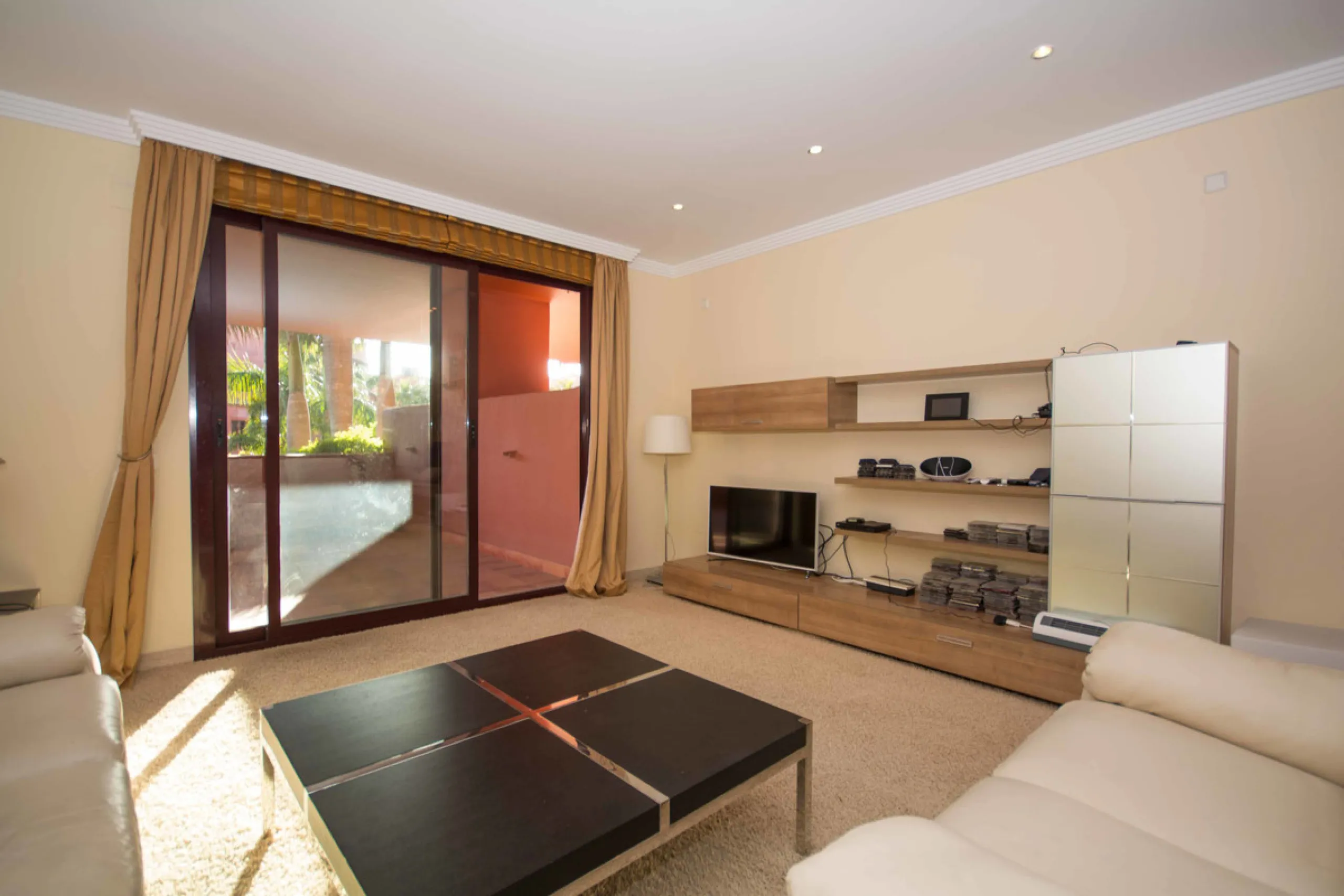 Fantastic 201m2 built,183 m2 usable ground floor south oriented apartment (elevated 2 meters above ground floor), fully furnished in a new beach side urbanization located in the heart of the "New Golden Mile", close to the 5 stars Hotels Ikos &  Las Dunas