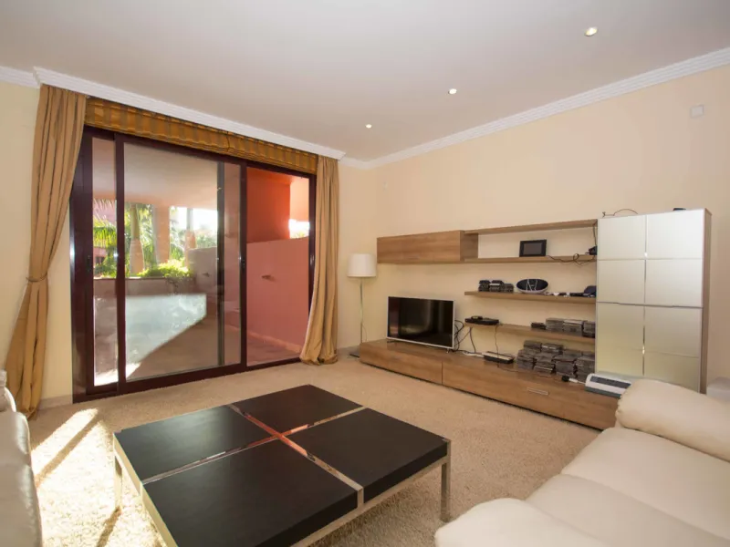 Fantastic 201m2 built,183 m2 usable ground floor south oriented apartment (elevated 2 meters above ground floor), fully furnished in a new beach side urbanization located in the heart of the "New Golden Mile", close to the 5 stars Hotels Ikos &  Las Dunas
