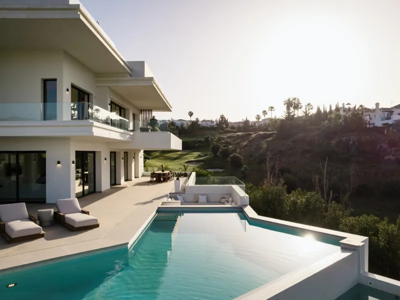 Villa Three, located in the distinguished La Resina Golf community within Estepona's flourishing residential zone, is an architectural statement combining contemporary sophistication and practical luxury. Designed by the acclaimed Francisco Martínez Galvá