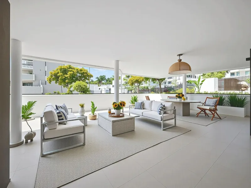 Elegant and modern elevated ground-floor apartment with a large private terrace of 90 m² and partial sea views. Located in the sought-after area of Las Mesas, just a 10-minute walk from Estepona Marina and 20 minutes from the charming Old Town.