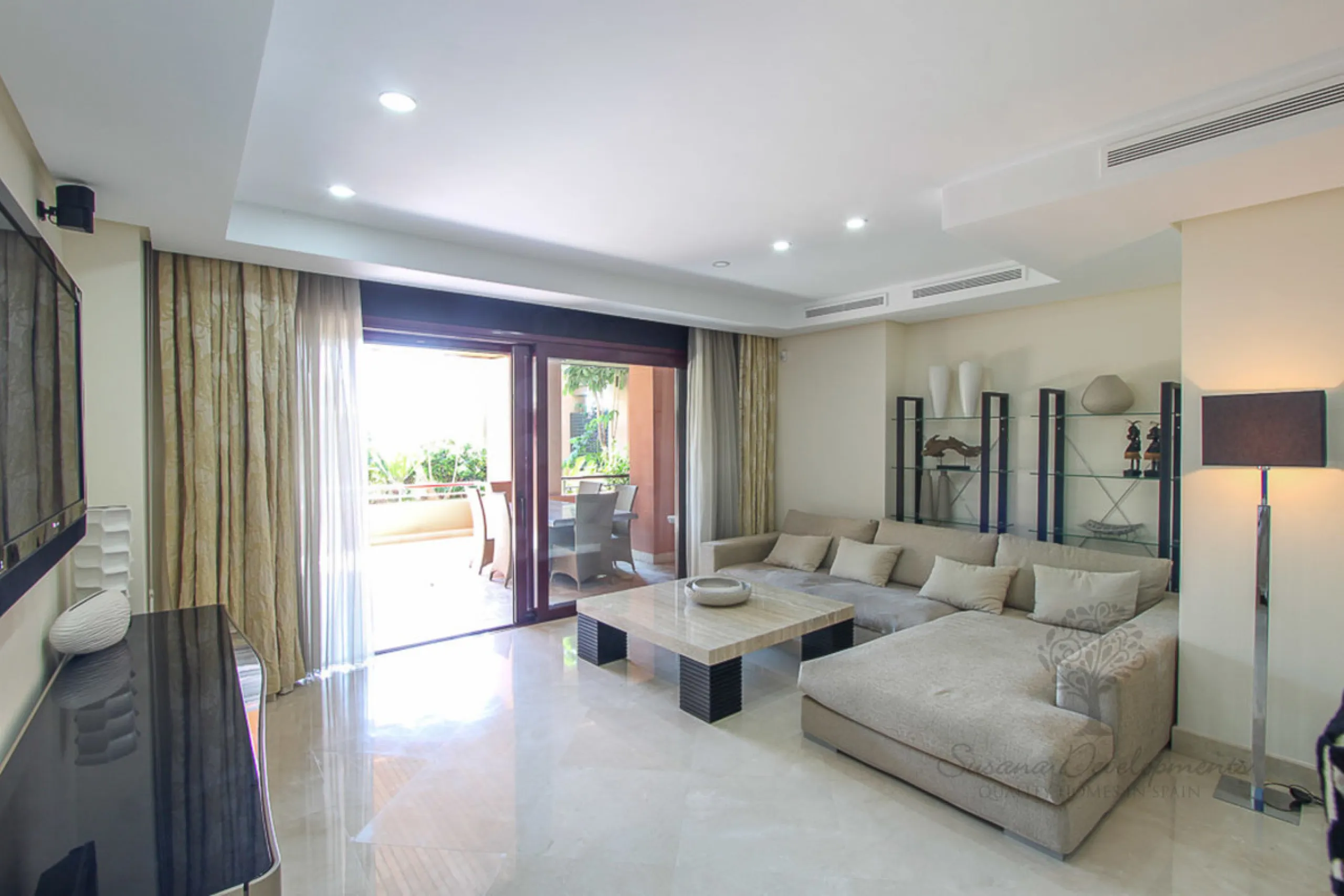 Fantastic ground floor 2 bedroom en suite apartment located within the exclusive 24 hour guard gated community, Malibu.   The community boasts two swimming pools (one heated lap pool and one free form marine pool). Private garage parking for two cars and 