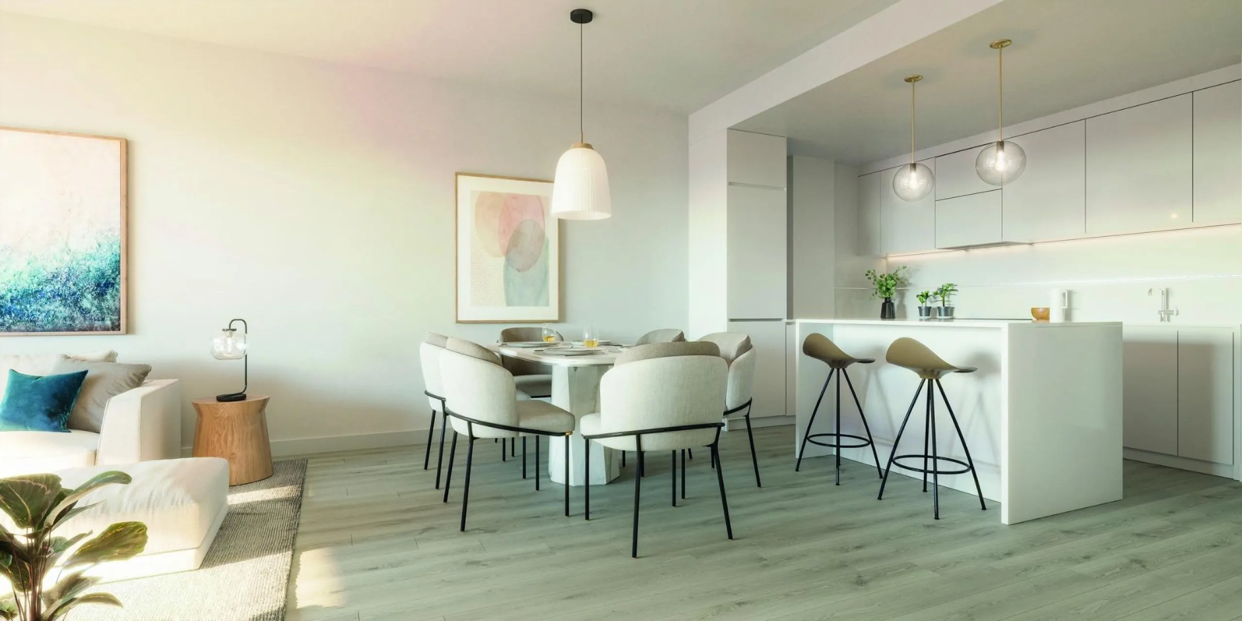 Quiet gated residential complex consisting of 1, 2 and 3 bedroom flats and 3 bedroom penthouses. All properties have garage and storage room. Air conditioning with heat pump. Underfloor heating in bathrooms with independent control. With spectacular terra