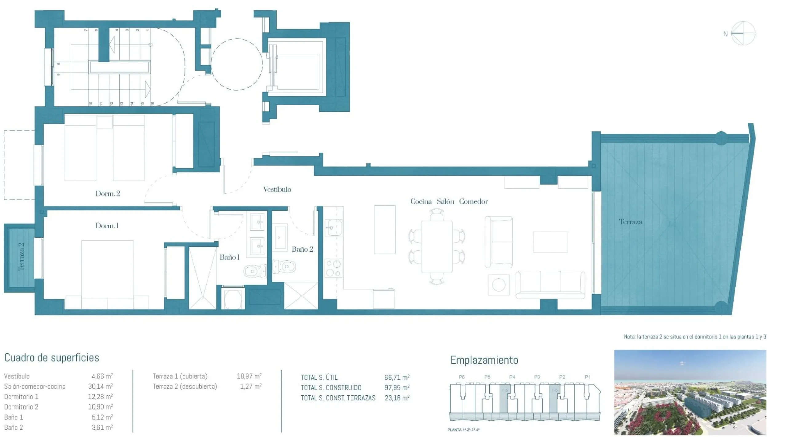 Quiet gated residential complex consisting of 1, 2 and 3 bedroom flats and 3 bedroom penthouses. All properties have garage and storage room. Air conditioning with heat pump. Underfloor heating in bathrooms with independent control. With spectacular terra