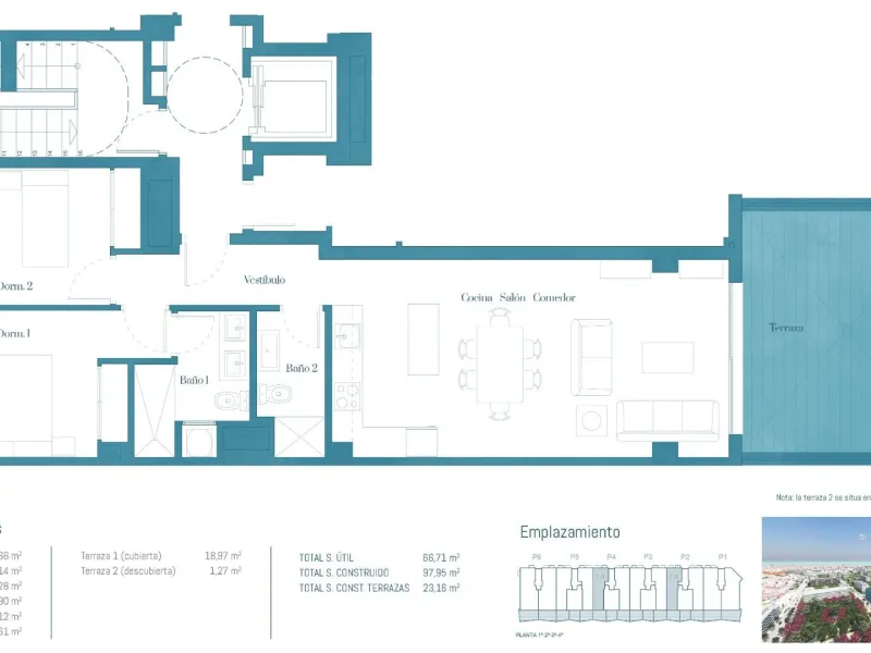 Quiet gated residential complex consisting of 1, 2 and 3 bedroom flats and 3 bedroom penthouses. All properties have garage and storage room. Air conditioning with heat pump. Underfloor heating in bathrooms with independent control. With spectacular terra