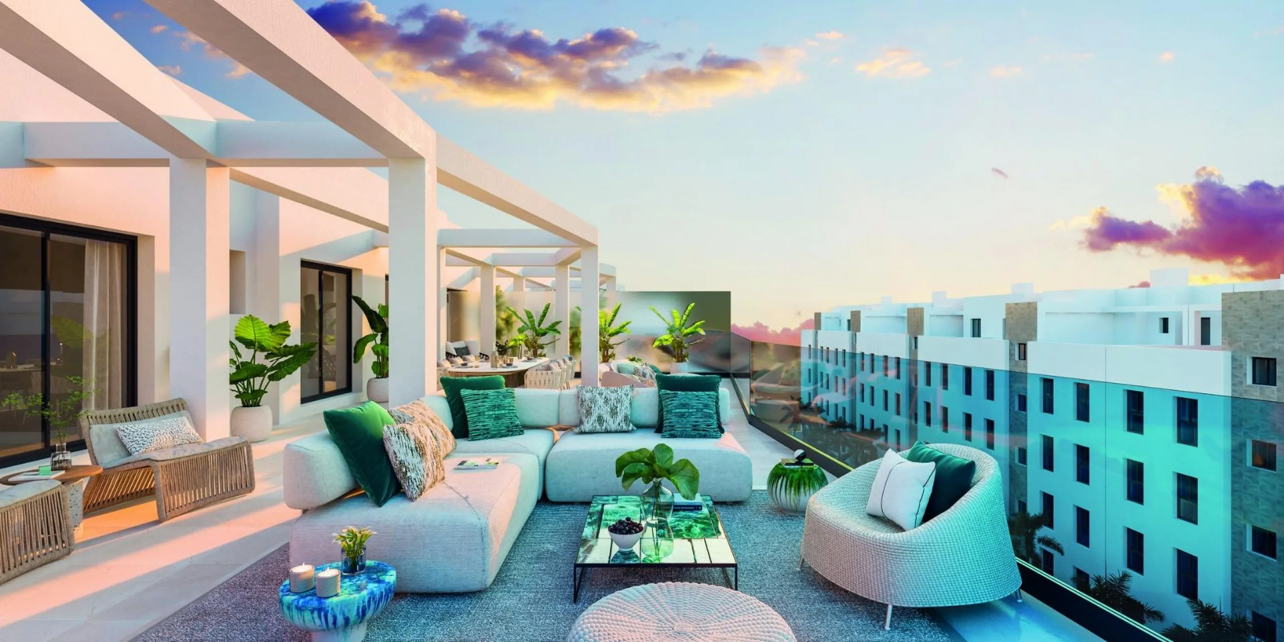 Quiet gated residential complex consisting of 1, 2 and 3 bedroom flats and 3 bedroom penthouses. All properties have garage and storage room. Air conditioning with heat pump. Underfloor heating in bathrooms with independent control. With spectacular terra