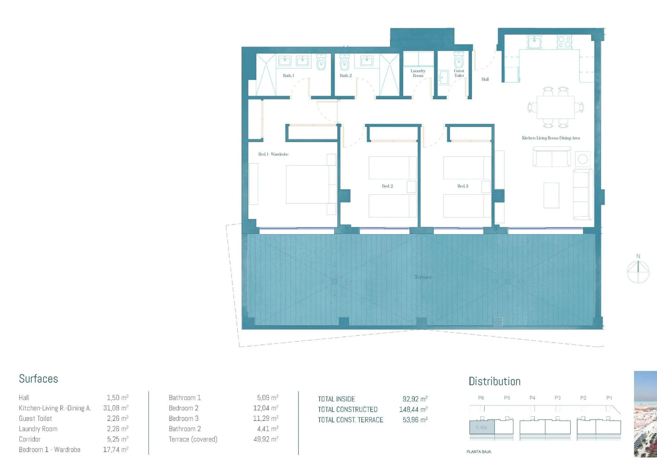 Quiet gated residential complex consisting of 1, 2 and 3 bedroom flats and 3 bedroom penthouses. All properties have garage and storage room. Air conditioning with heat pump. Underfloor heating in bathrooms with independent control. With spectacular terra