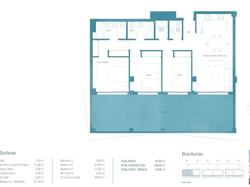 Quiet gated residential complex consisting of 1, 2 and 3 bedroom flats and 3 bedroom penthouses. All properties have garage and storage room. Air conditioning with heat pump. Underfloor heating in bathrooms with independent control. With spectacular terra