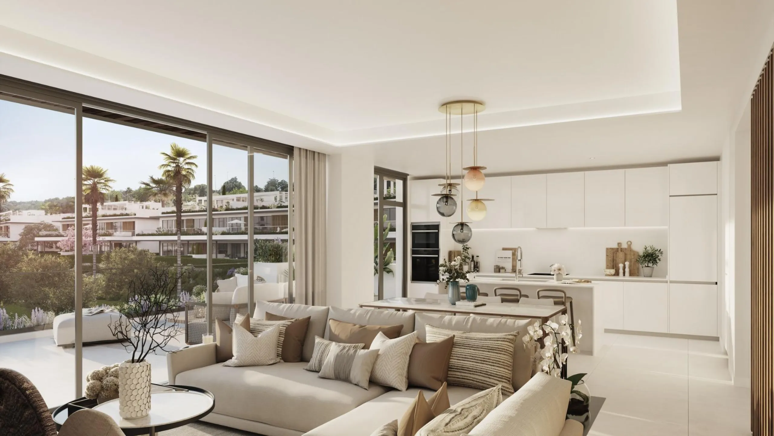 Gated frontline golf development, on gentle hills in the outskirts of Marbella. 3 and 4 bedroom homes with large windows, and living room and kitchen integrated into an open-plan space that allows you to take advantage of natural light at every moment of 