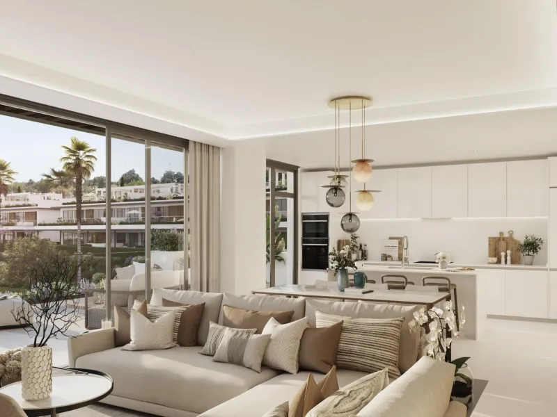 Gated frontline golf development, on gentle hills in the outskirts of Marbella. 3 and 4 bedroom homes with large windows, and living room and kitchen integrated into an open-plan space that allows you to take advantage of natural light at every moment of 
