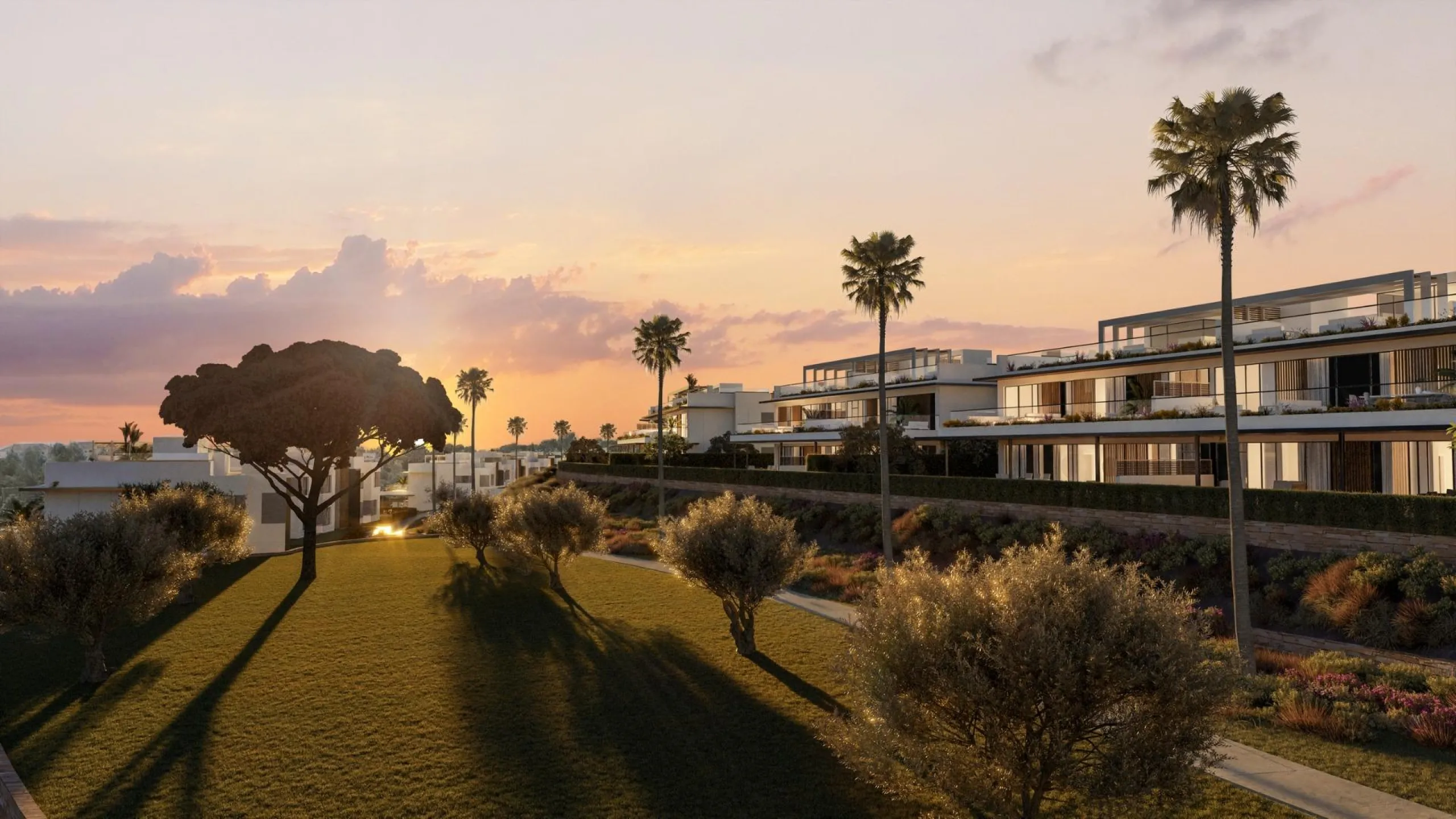 Gated frontline golf development, on gentle hills in the outskirts of Marbella. 3 and 4 bedroom homes with large windows, and living room and kitchen integrated into an open-plan space that allows you to take advantage of natural light at every moment of 
