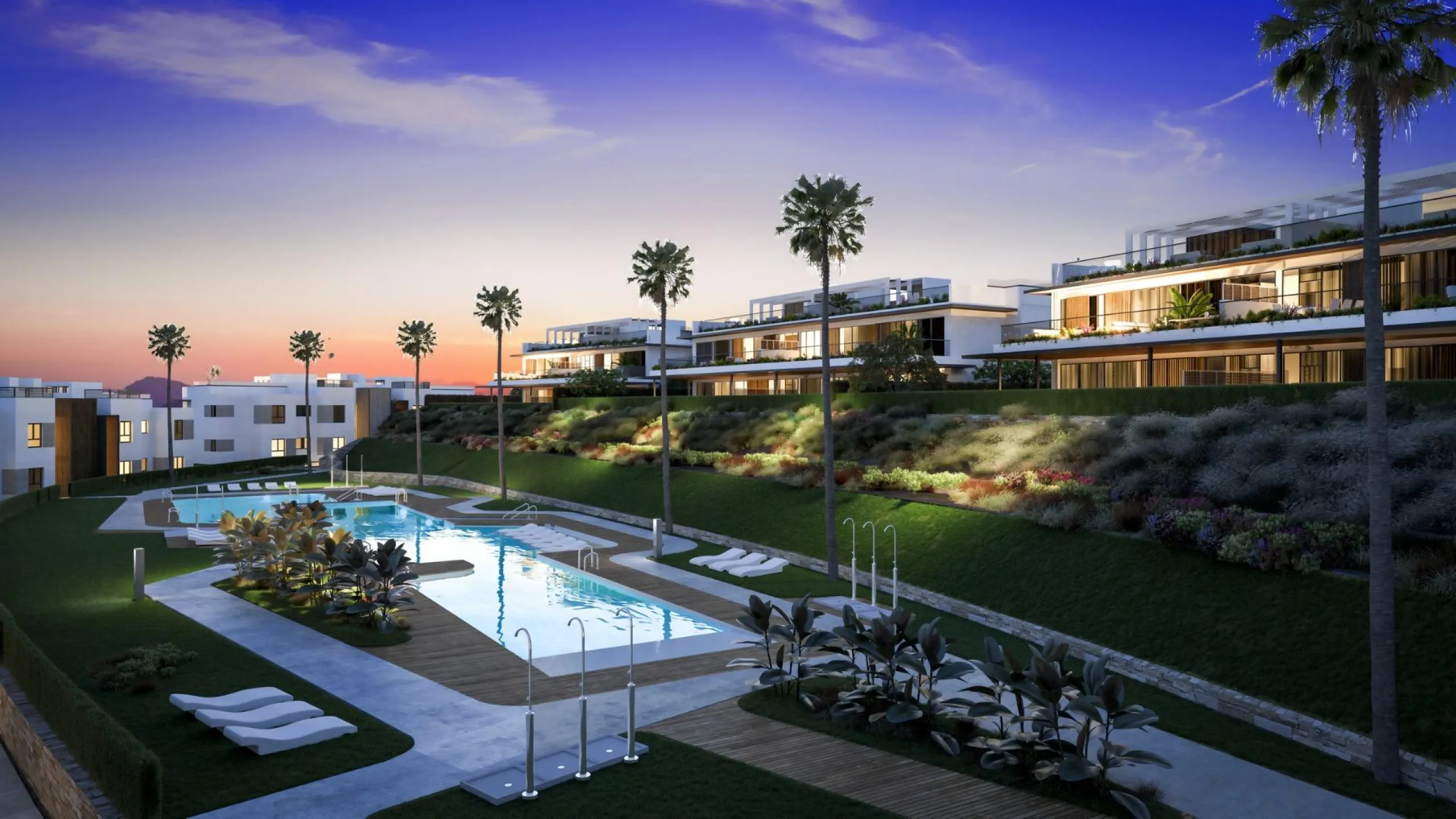 Gated frontline golf development, on gentle hills in the outskirts of Marbella. 3 and 4 bedroom homes with large windows, and living room and kitchen integrated into an open-plan space that allows you to take advantage of natural light at every moment of 
