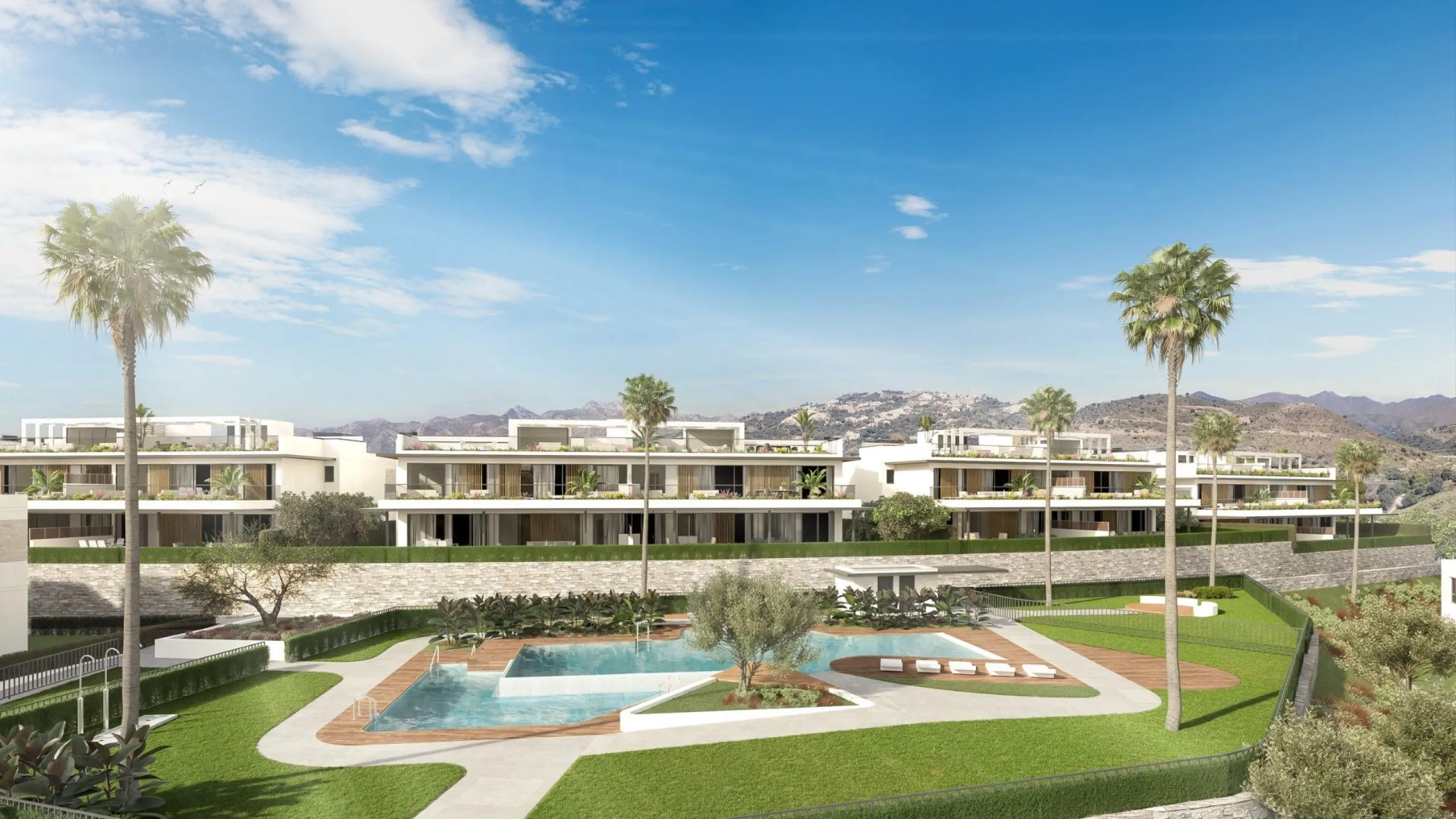 Gated frontline golf development, on gentle hills in the outskirts of Marbella. 3 and 4 bedroom homes with large windows, and living room and kitchen integrated into an open-plan space that allows you to take advantage of natural light at every moment of 