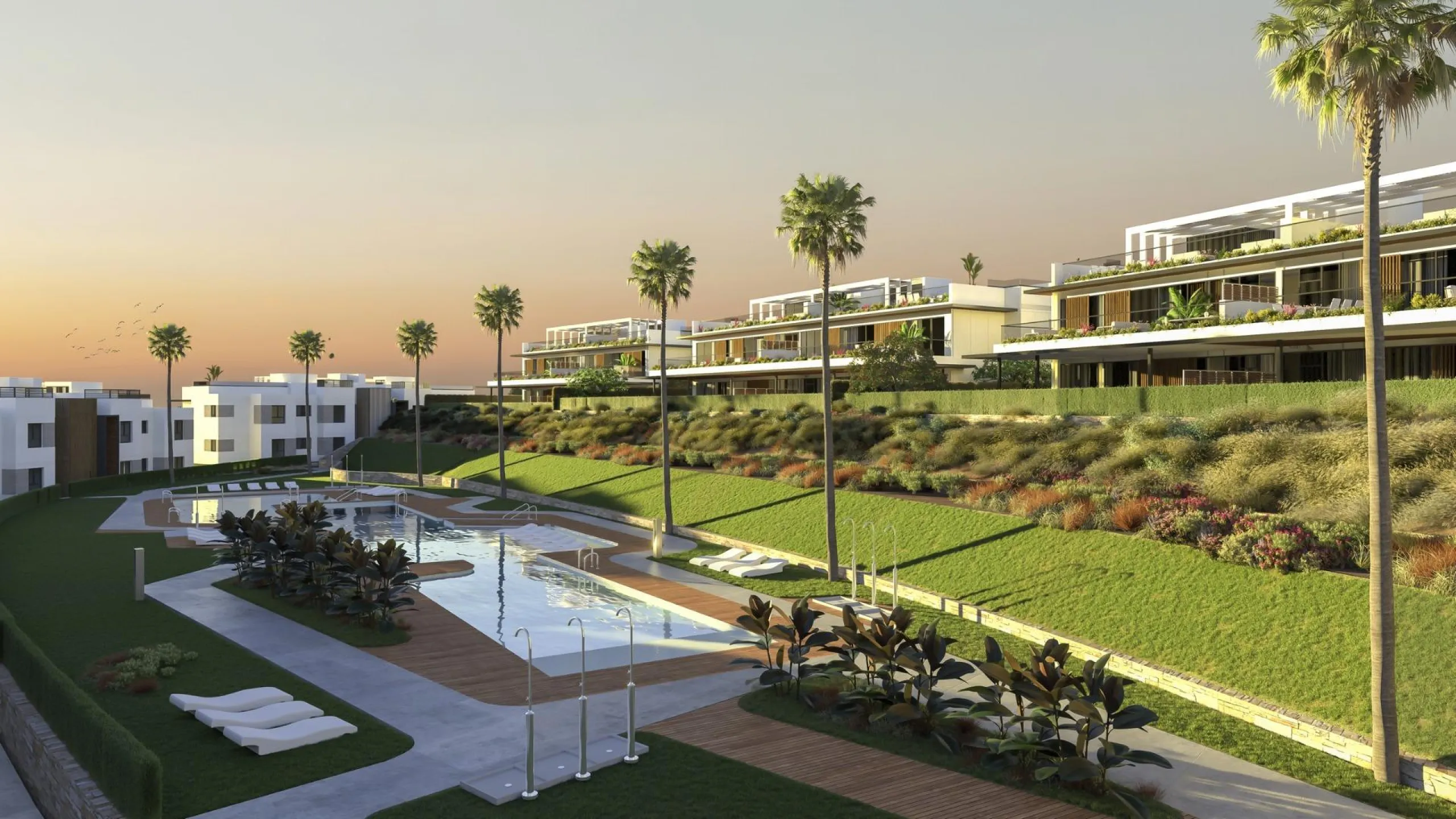 Gated frontline golf development, on gentle hills in the outskirts of Marbella. 3 and 4 bedroom homes with large windows, and living room and kitchen integrated into an open-plan space that allows you to take advantage of natural light at every moment of 