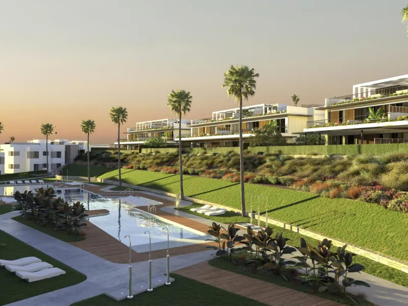 Gated frontline golf development, on gentle hills in the outskirts of Marbella. 3 and 4 bedroom homes with large windows, and living room and kitchen integrated into an open-plan space that allows you to take advantage of natural light at every moment of 