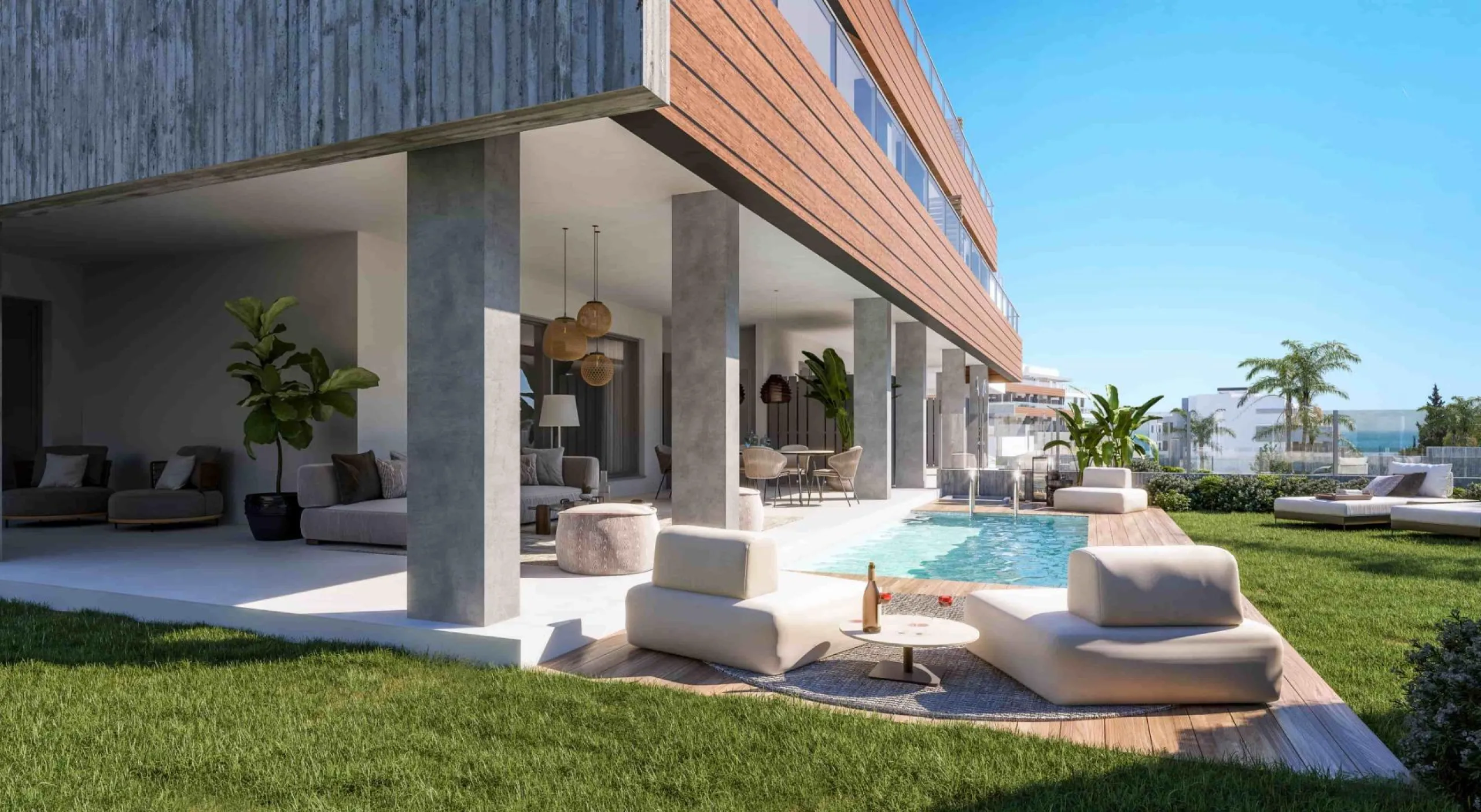 Innovative and elegant residential of 2 and 3-bedroom homes with large windows and extensive terraces to enjoy stunning sea views. Ground floor apartments with garden and private swimming pool, and penthouses with solarium with the option of incorporating