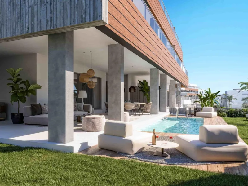 Innovative and elegant residential of 2 and 3-bedroom homes with large windows and extensive terraces to enjoy stunning sea views. Ground floor apartments with garden and private swimming pool, and penthouses with solarium with the option of incorporating