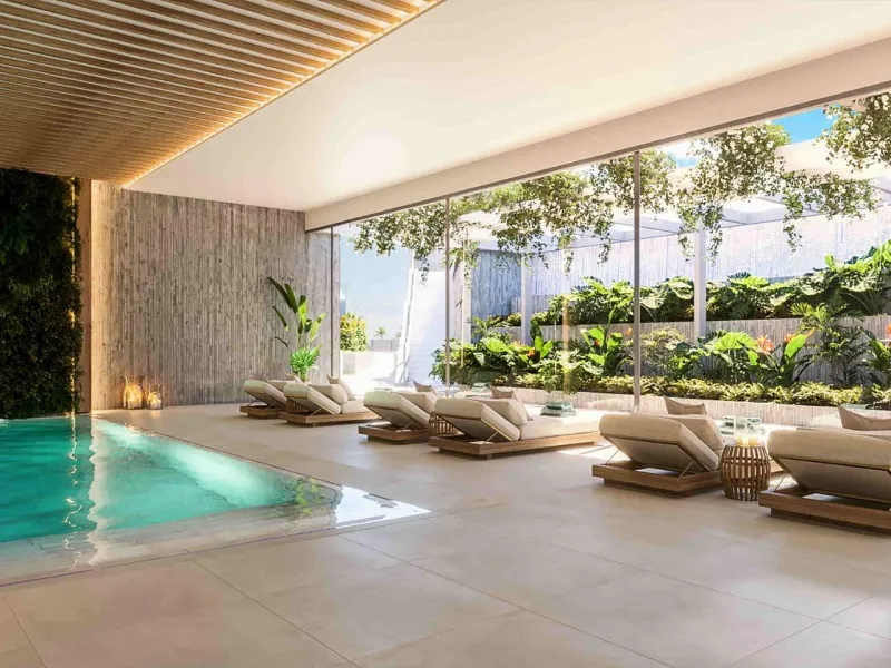 Innovative and elegant residential of 2 and 3-bedroom homes with large windows and extensive terraces to enjoy stunning sea views. Ground floor apartments with garden and private swimming pool, and penthouses with solarium with the option of incorporating