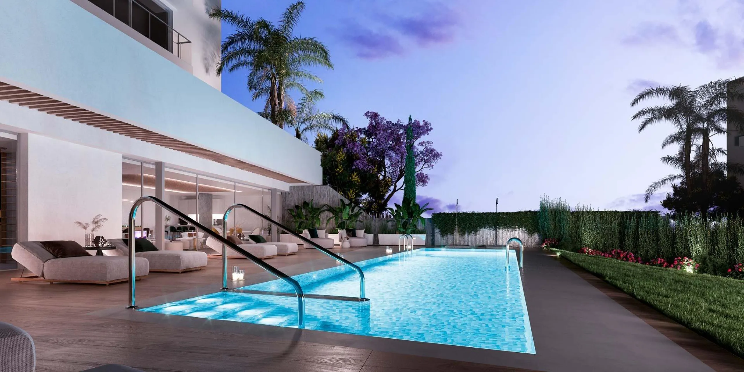 Innovative and elegant residential of 2 and 3-bedroom homes with large windows and extensive terraces to enjoy stunning sea views. Ground floor apartments with garden and private swimming pool, and penthouses with solarium with the option of incorporating