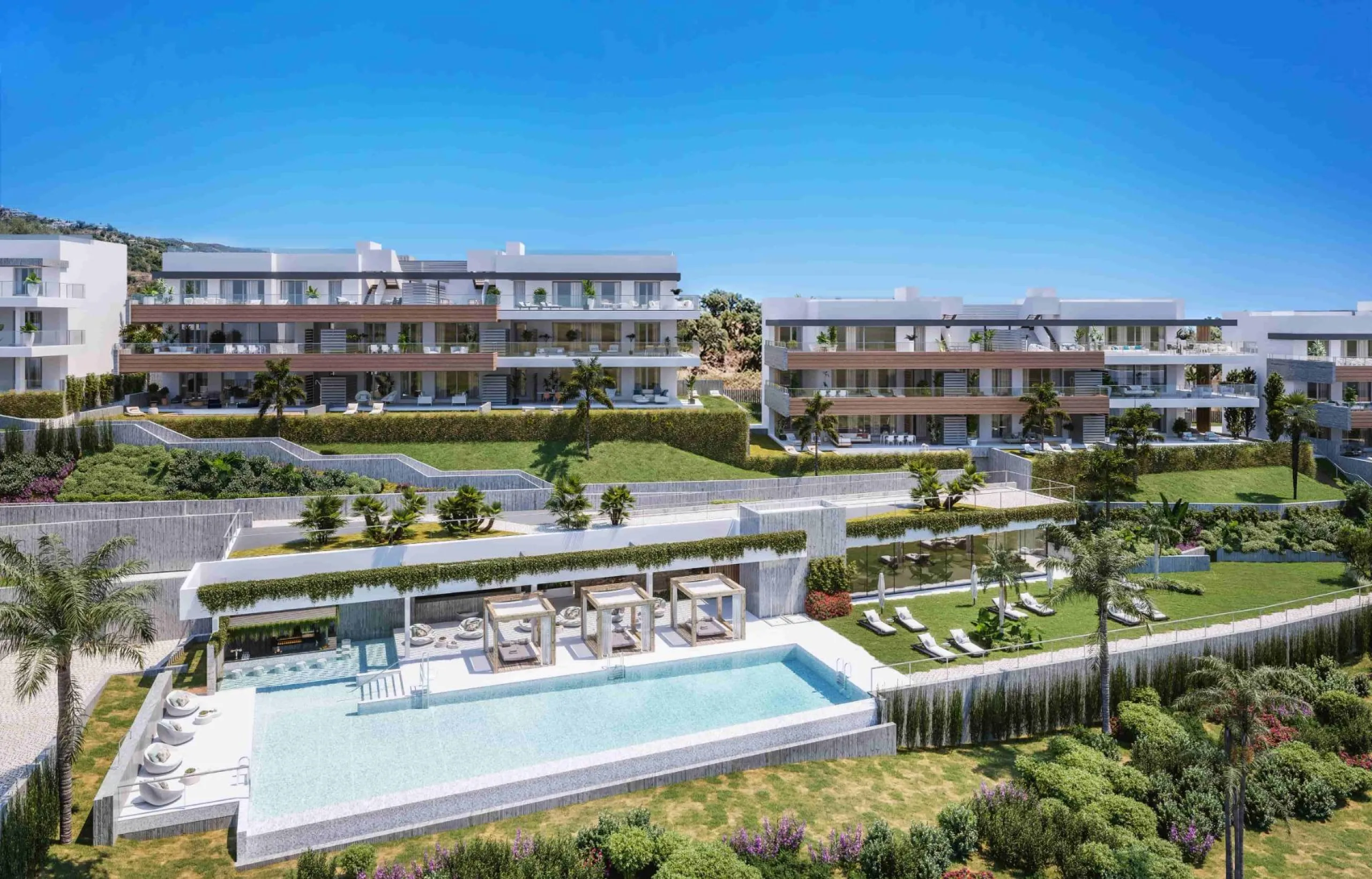 Innovative and elegant residential of 2 and 3-bedroom homes with large windows and extensive terraces to enjoy stunning sea views. Ground floor apartments with garden and private swimming pool, and penthouses with solarium with the option of incorporating