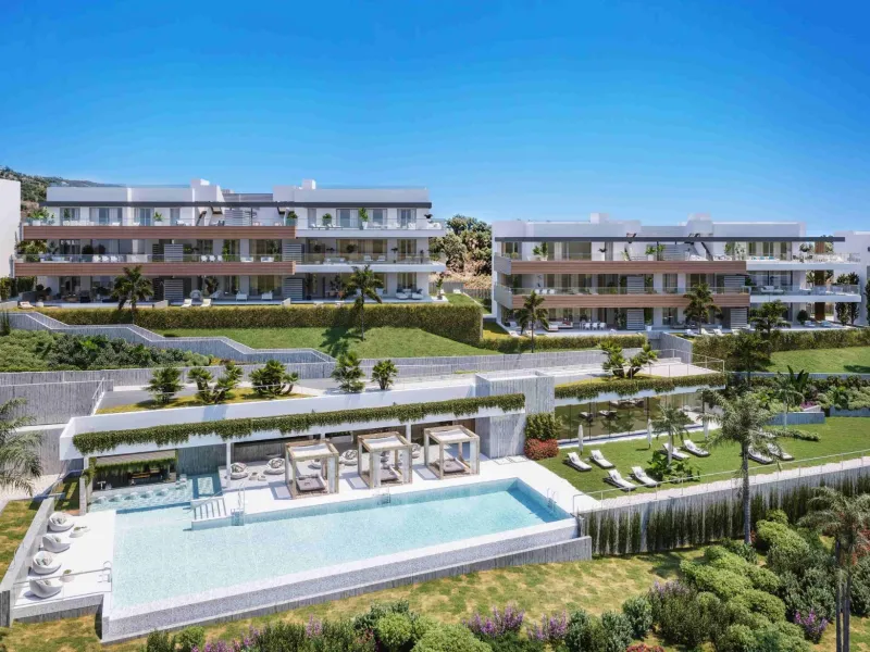 Innovative and elegant residential of 2 and 3-bedroom homes with large windows and extensive terraces to enjoy stunning sea views. Ground floor apartments with garden and private swimming pool, and penthouses with solarium with the option of incorporating