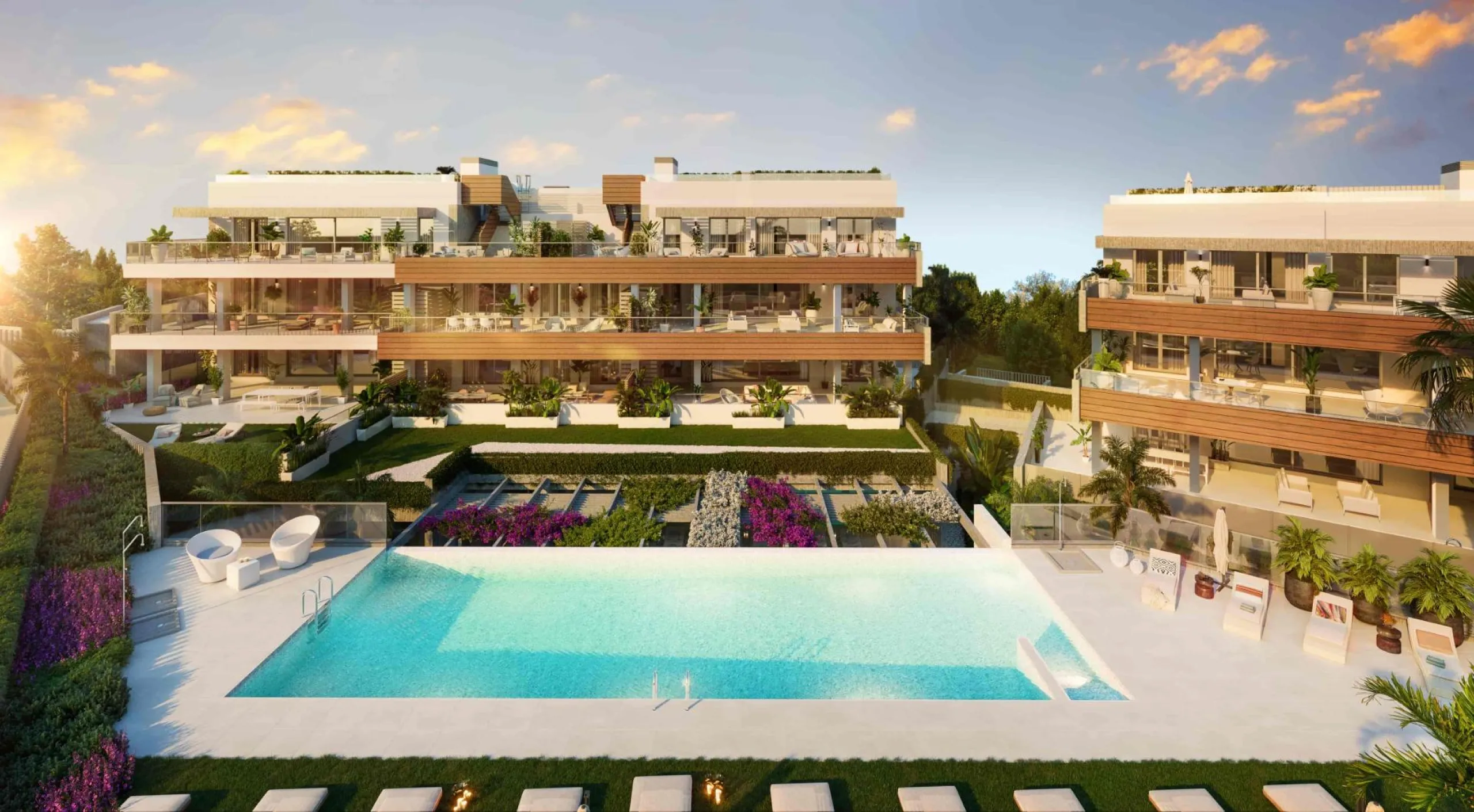 Innovative and elegant residential of 2 and 3-bedroom homes with large windows and extensive terraces to enjoy stunning sea views. Ground floor apartments with garden and private swimming pool, and penthouses with solarium with the option of incorporating