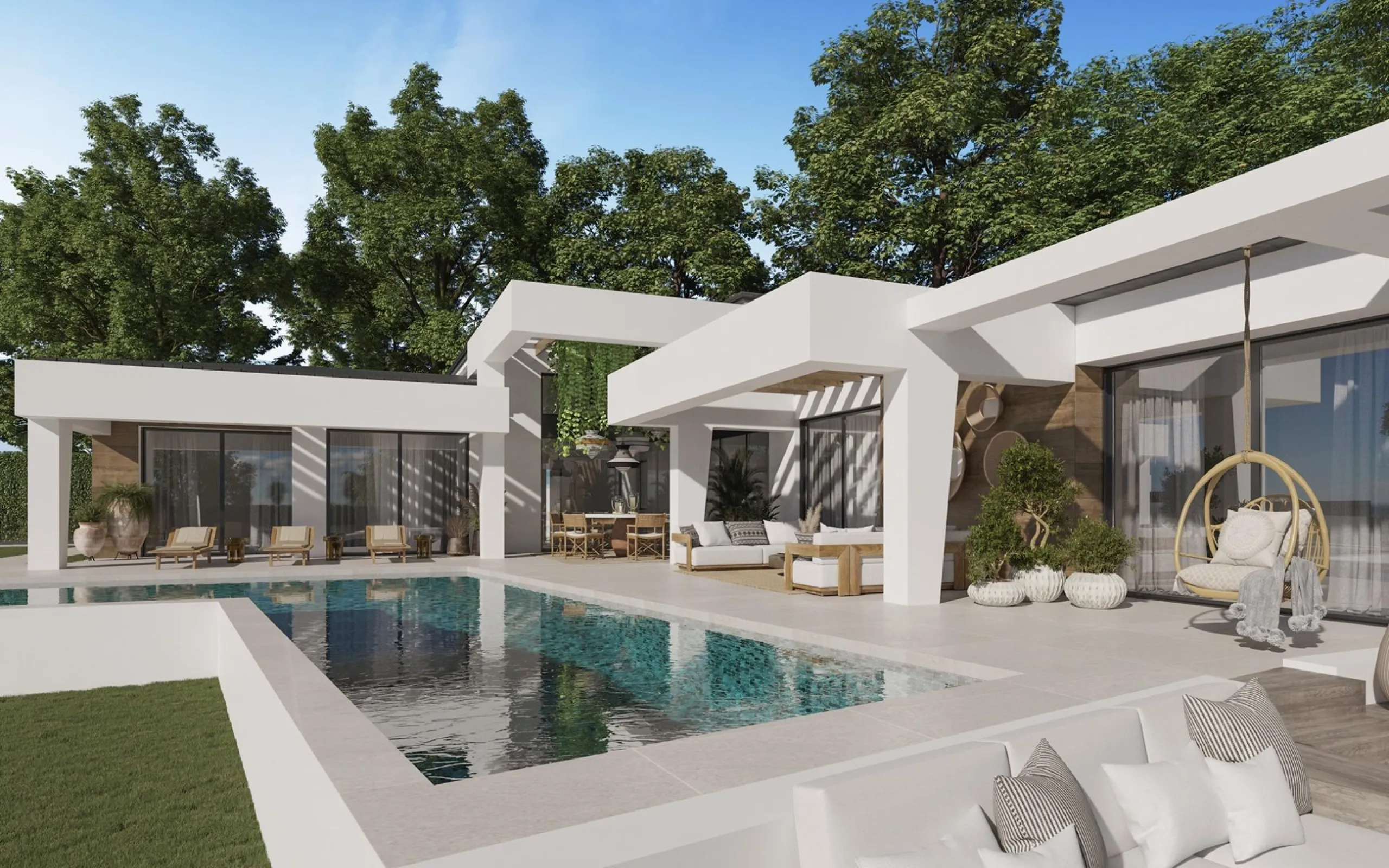 EXCLUSIVE LUXURY VILLA ON THE COSTA DEL SOL& & Three unique villas built on a single floor, each with its own landscaped garden and ecological vegetable garden of 36 m2. Spacious terraces, garden areas with lawns with automatic irrigation with diffu