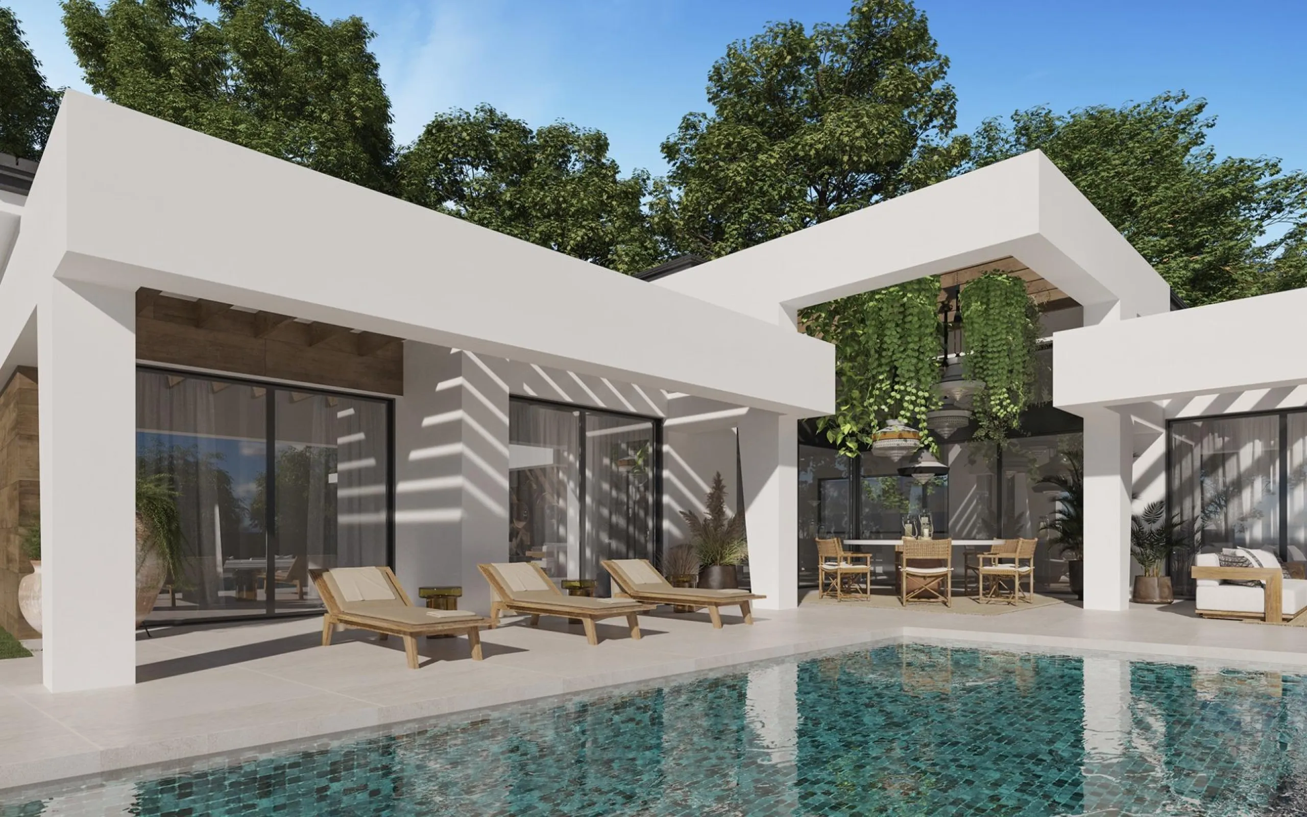 EXCLUSIVE LUXURY VILLA ON THE COSTA DEL SOL& & Three unique villas built on a single floor, each with its own landscaped garden and ecological vegetable garden of 36 m2. Spacious terraces, garden areas with lawns with automatic irrigation with diffu