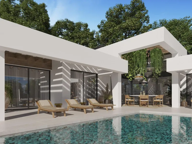 EXCLUSIVE LUXURY VILLA ON THE COSTA DEL SOL& & Three unique villas built on a single floor, each with its own landscaped garden and ecological vegetable garden of 36 m2. Spacious terraces, garden areas with lawns with automatic irrigation with diffu