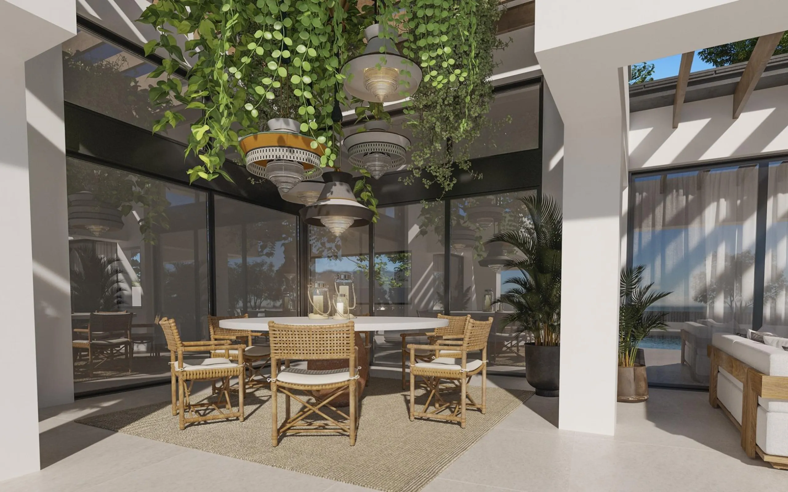 EXCLUSIVE LUXURY VILLA ON THE COSTA DEL SOL& & Three unique villas built on a single floor, each with its own landscaped garden and ecological vegetable garden of 36 m2. Spacious terraces, garden areas with lawns with automatic irrigation with diffu