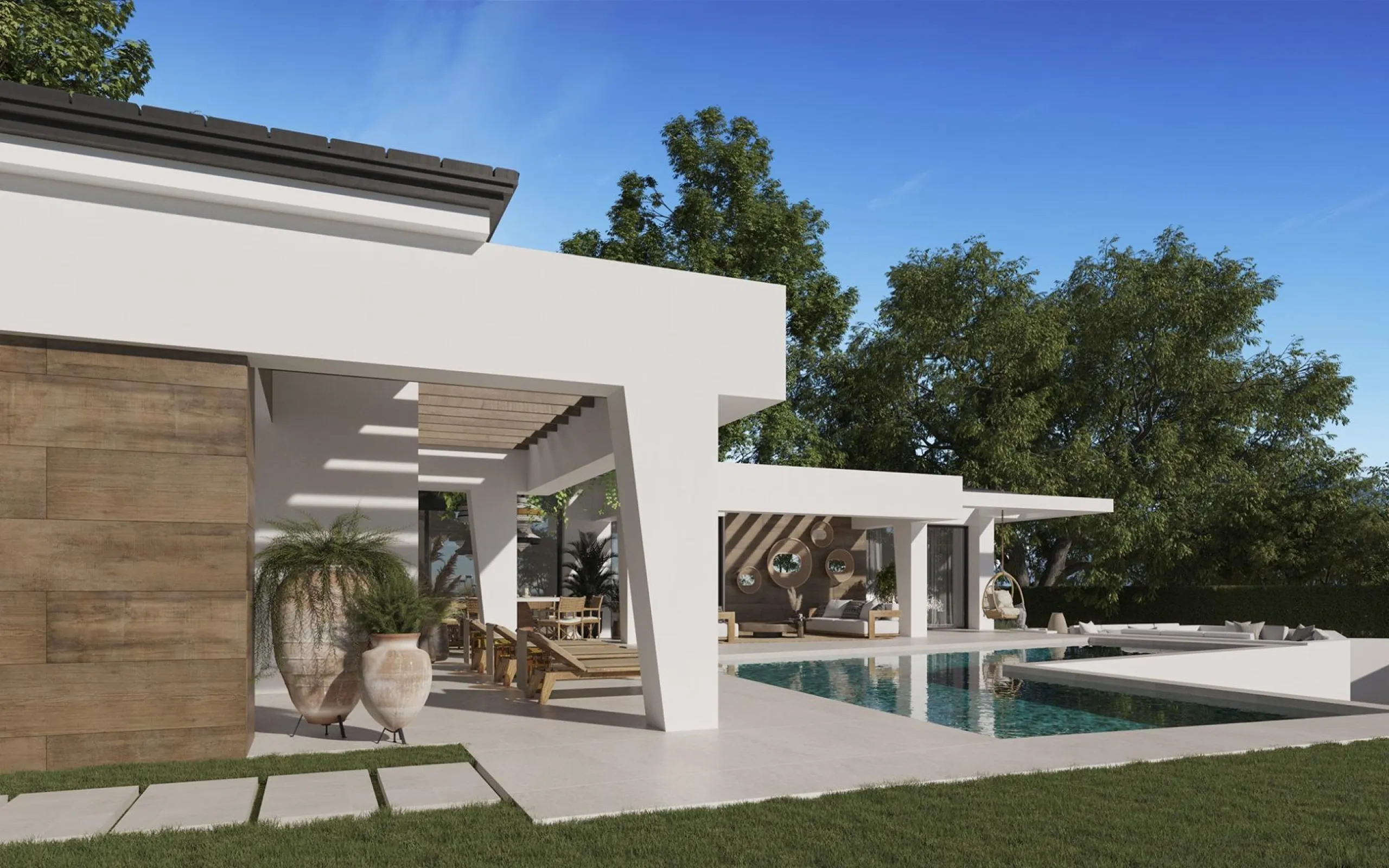 EXCLUSIVE LUXURY VILLA ON THE COSTA DEL SOL& & Three unique villas built on a single floor, each with its own landscaped garden and ecological vegetable garden of 36 m2. Spacious terraces, garden areas with lawns with automatic irrigation with diffu