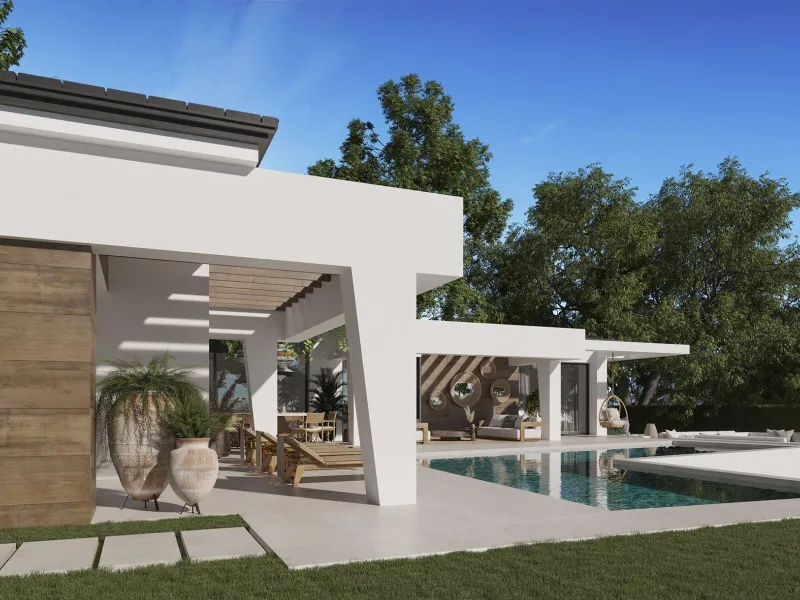 EXCLUSIVE LUXURY VILLA ON THE COSTA DEL SOL& & Three unique villas built on a single floor, each with its own landscaped garden and ecological vegetable garden of 36 m2. Spacious terraces, garden areas with lawns with automatic irrigation with diffu