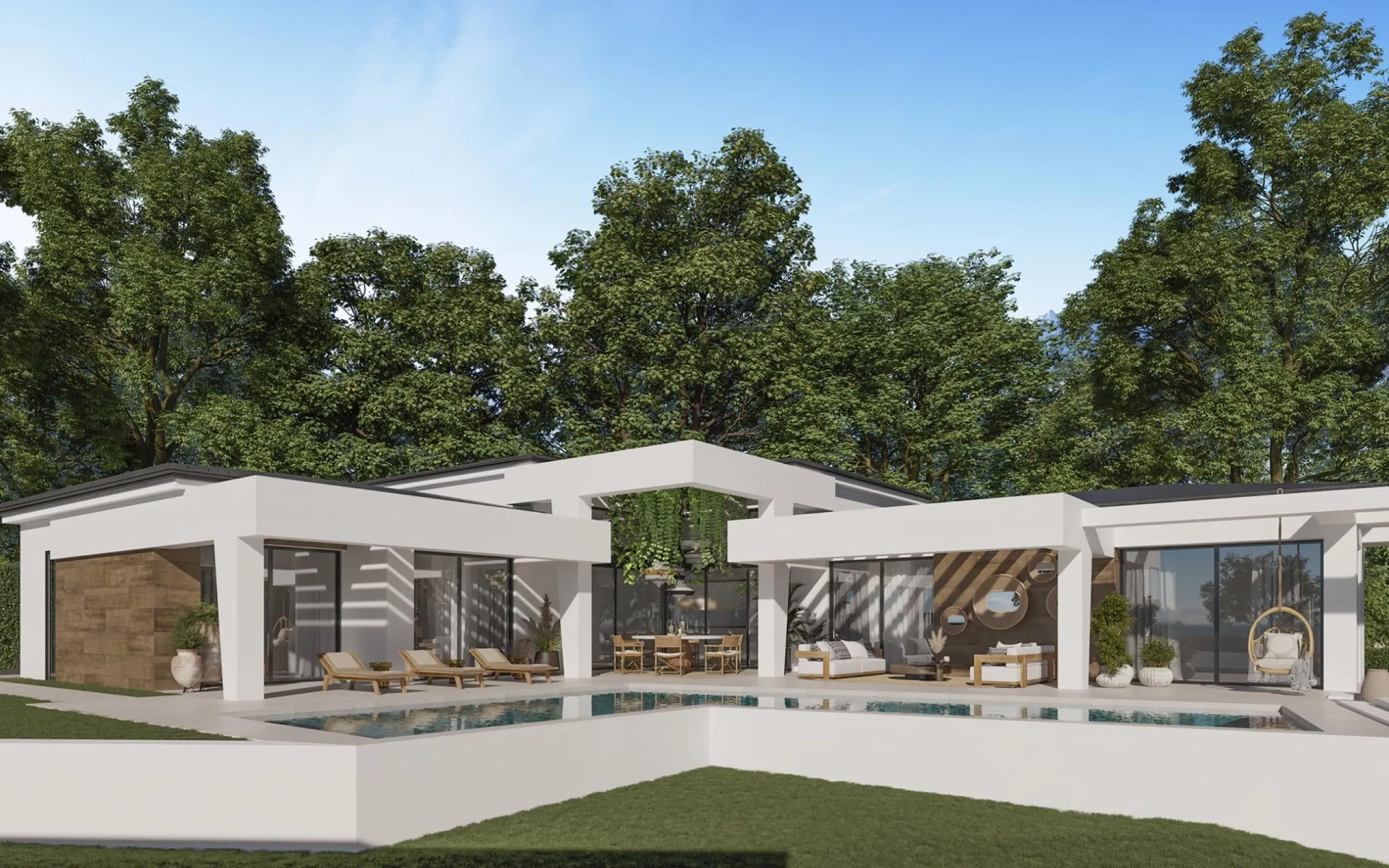 EXCLUSIVE LUXURY VILLA ON THE COSTA DEL SOL& & Three unique villas built on a single floor, each with its own landscaped garden and ecological vegetable garden of 36 m2. Spacious terraces, garden areas with lawns with automatic irrigation with diffu