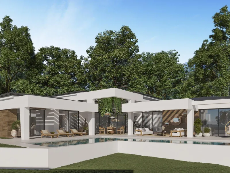 EXCLUSIVE LUXURY VILLA ON THE COSTA DEL SOL& & Three unique villas built on a single floor, each with its own landscaped garden and ecological vegetable garden of 36 m2. Spacious terraces, garden areas with lawns with automatic irrigation with diffu