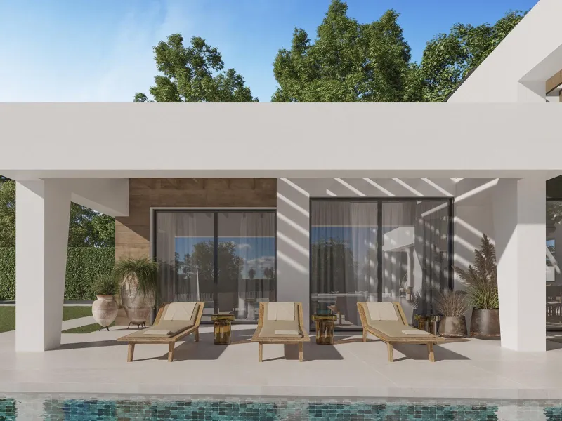 EXCLUSIVE LUXURY VILLA ON THE COSTA DEL SOL& & Three unique villas built on a single floor, each with its own landscaped garden and ecological vegetable garden of 36 m2. Spacious terraces, garden areas with lawns with automatic irrigation with diffu
