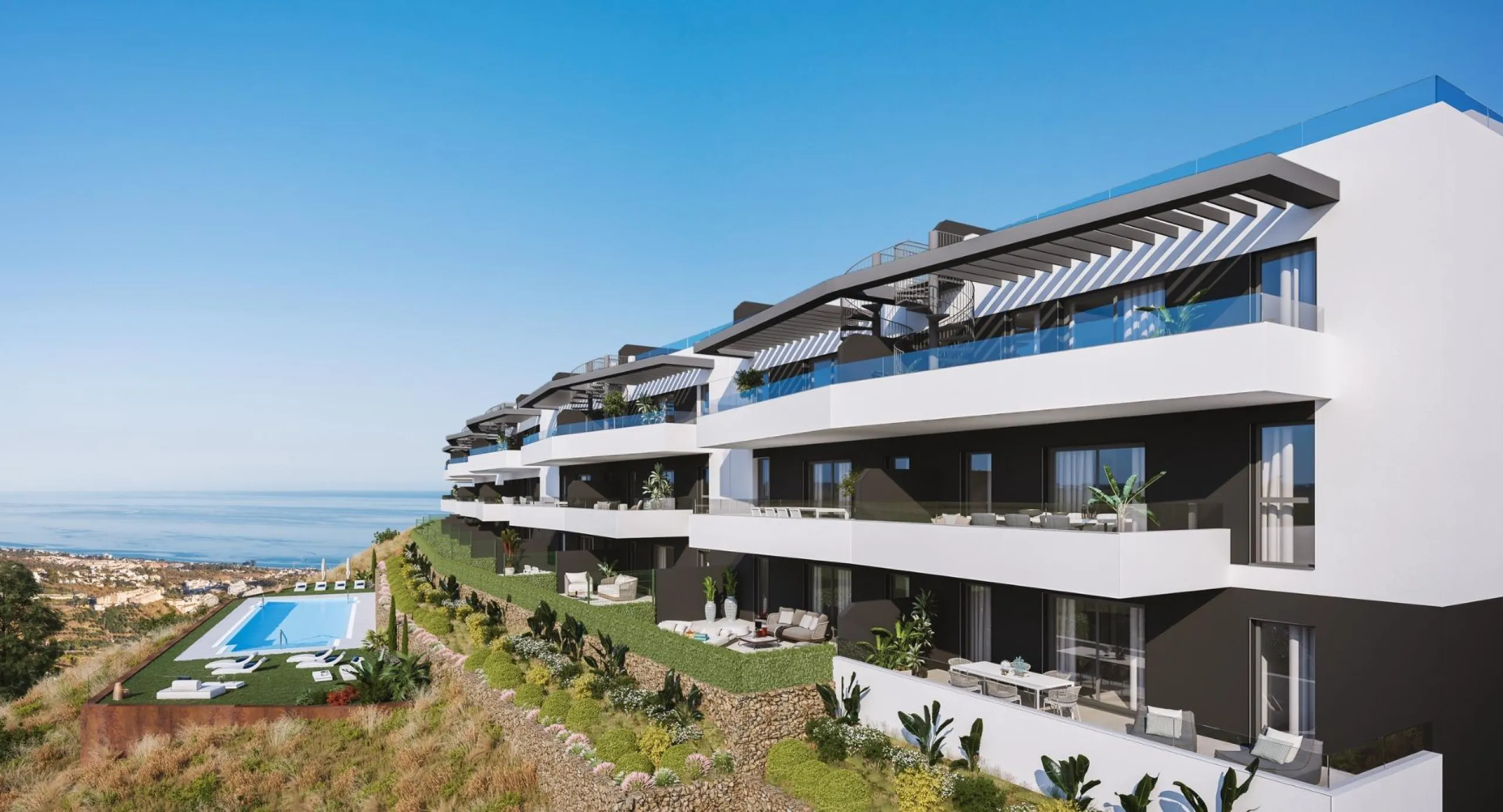 EXCLUSIVE HOMES WITH SEA VIEWS ON THE COSTA DEL SOL& & Exclusive 2 and 3 bedroom homes, including ground floor apartments with private garden and penthouses with panoramic solarium, from where you can enjoy privileged views of the sea and the bay. A