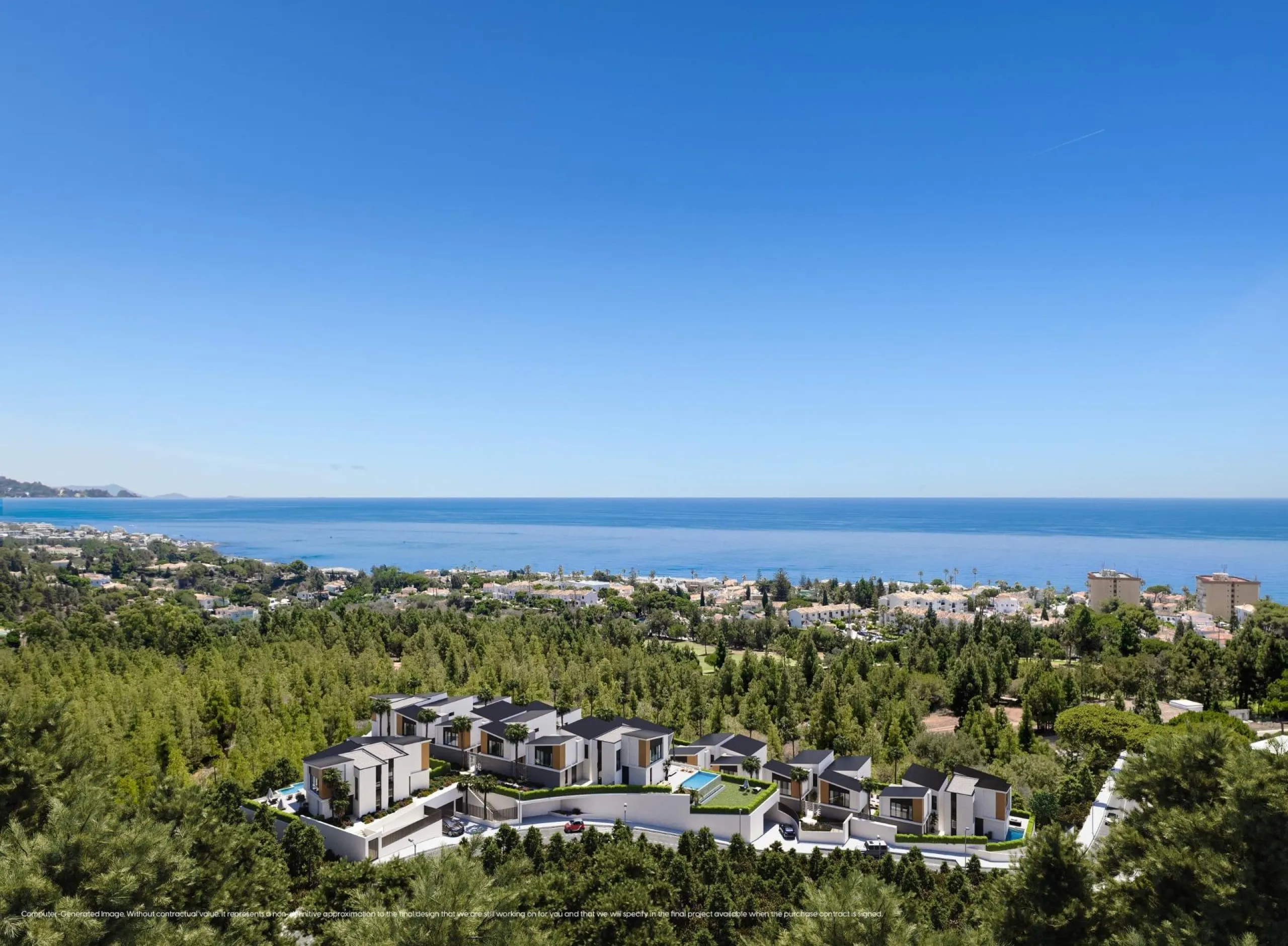 NEW BUILD VILLAS WITH SEA VIEWS IN LA CALA DE MIJAS& & Starting from the traditional silhouette of a house, the primordial pentagon, the design team has evolved these geometric lines to create a symbiosis with the existing vegetation, establishing a