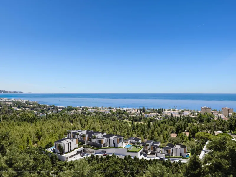 NEW BUILD VILLAS WITH SEA VIEWS IN LA CALA DE MIJAS& & Starting from the traditional silhouette of a house, the primordial pentagon, the design team has evolved these geometric lines to create a symbiosis with the existing vegetation, establishing a