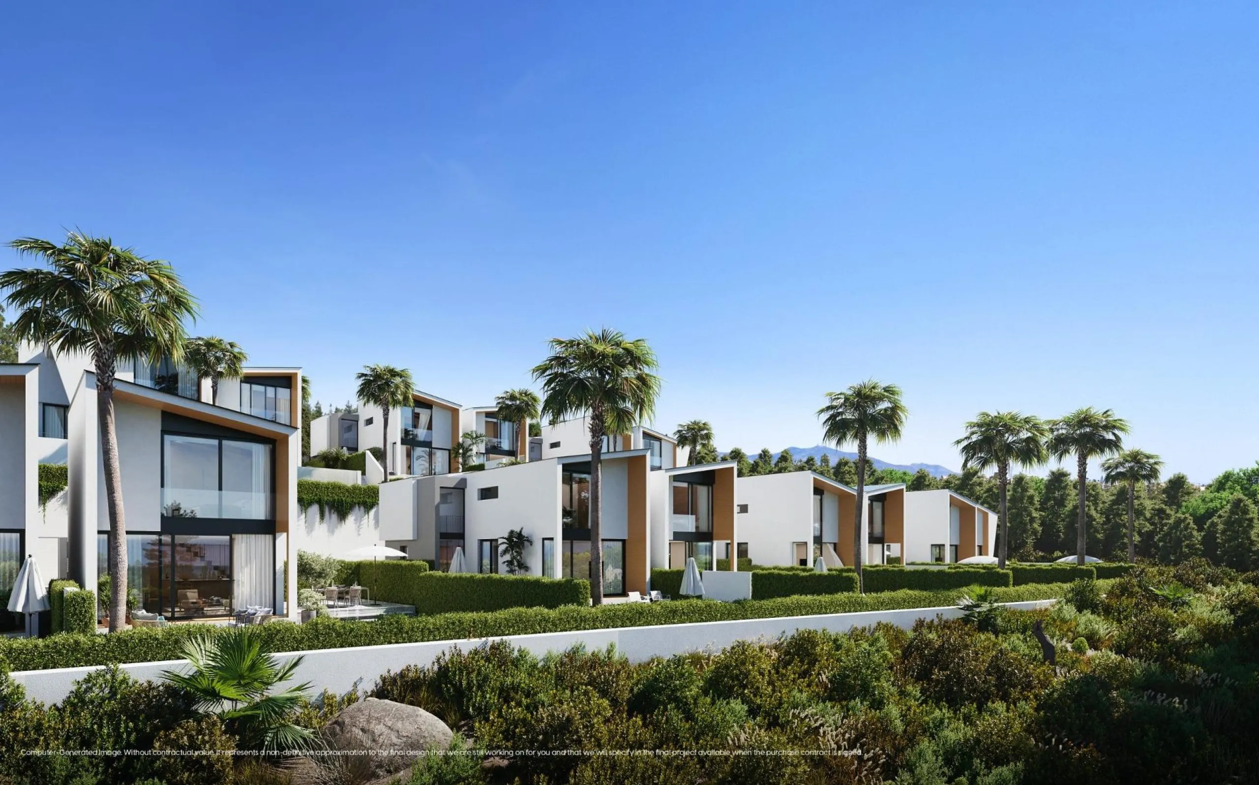 NEW BUILD VILLAS WITH SEA VIEWS IN LA CALA DE MIJAS& & Starting from the traditional silhouette of a house, the primordial pentagon, the design team has evolved these geometric lines to create a symbiosis with the existing vegetation, establishing a
