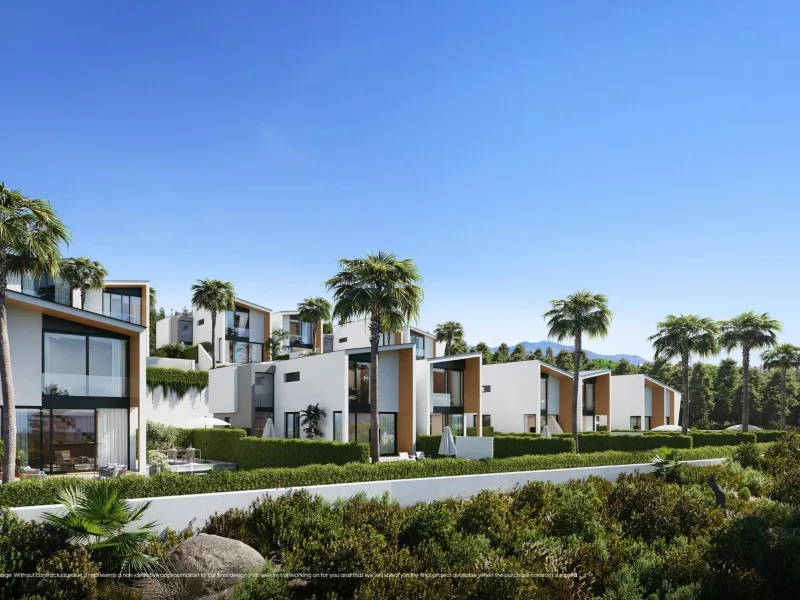NEW BUILD VILLAS WITH SEA VIEWS IN LA CALA DE MIJAS& & Starting from the traditional silhouette of a house, the primordial pentagon, the design team has evolved these geometric lines to create a symbiosis with the existing vegetation, establishing a