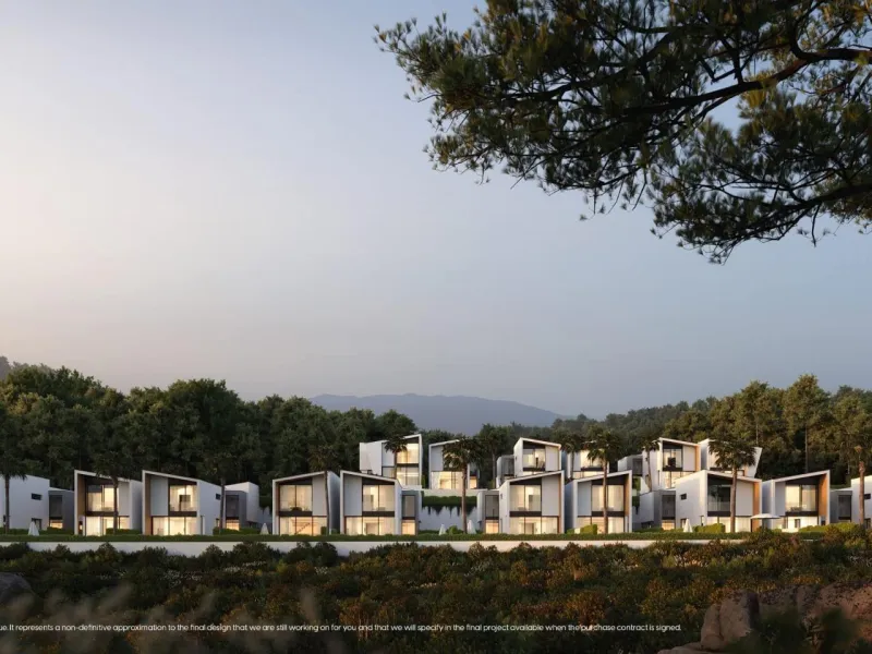NEW BUILD VILLAS WITH SEA VIEWS IN LA CALA DE MIJAS& & Starting from the traditional silhouette of a house, the primordial pentagon, the design team has evolved these geometric lines to create a symbiosis with the existing vegetation, establishing a
