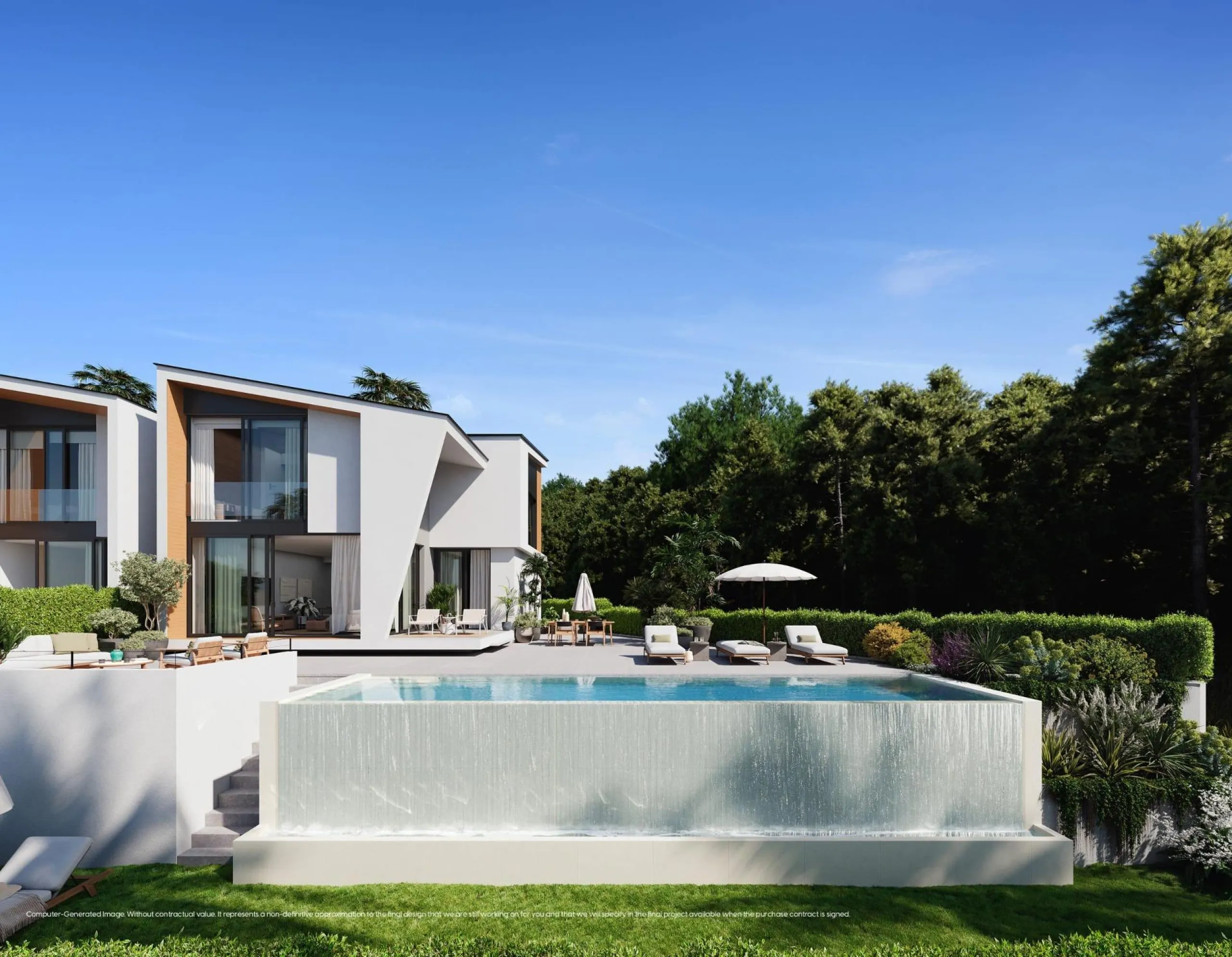 NEW BUILD VILLAS WITH SEA VIEWS IN LA CALA DE MIJAS& & Starting from the traditional silhouette of a house, the primordial pentagon, the design team has evolved these geometric lines to create a symbiosis with the existing vegetation, establishing a