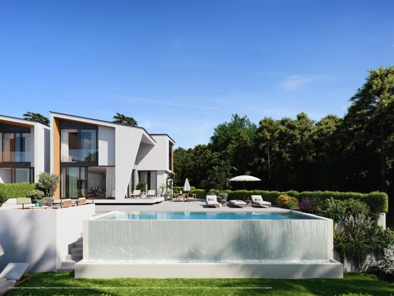 NEW BUILD VILLAS WITH SEA VIEWS IN LA CALA DE MIJAS& & Starting from the traditional silhouette of a house, the primordial pentagon, the design team has evolved these geometric lines to create a symbiosis with the existing vegetation, establishing a