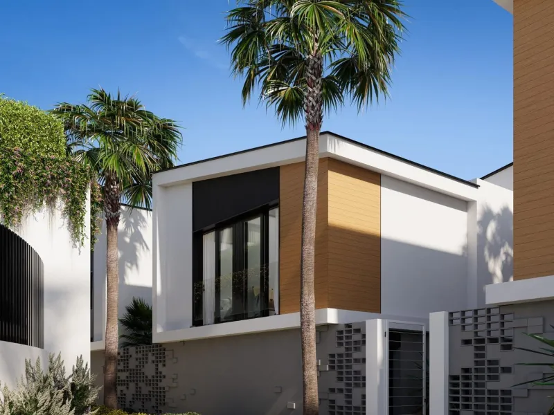 NEW BUILD VILLAS WITH SEA VIEWS IN LA CALA DE MIJAS& & Starting from the traditional silhouette of a house, the primordial pentagon, the design team has evolved these geometric lines to create a symbiosis with the existing vegetation, establishing a