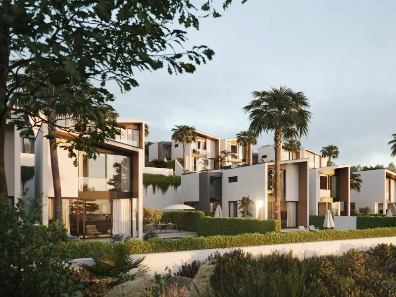 NEW BUILD VILLAS WITH SEA VIEWS IN LA CALA DE MIJAS& & Starting from the traditional silhouette of a house, the primordial pentagon, the design team has evolved these geometric lines to create a symbiosis with the existing vegetation, establishing a