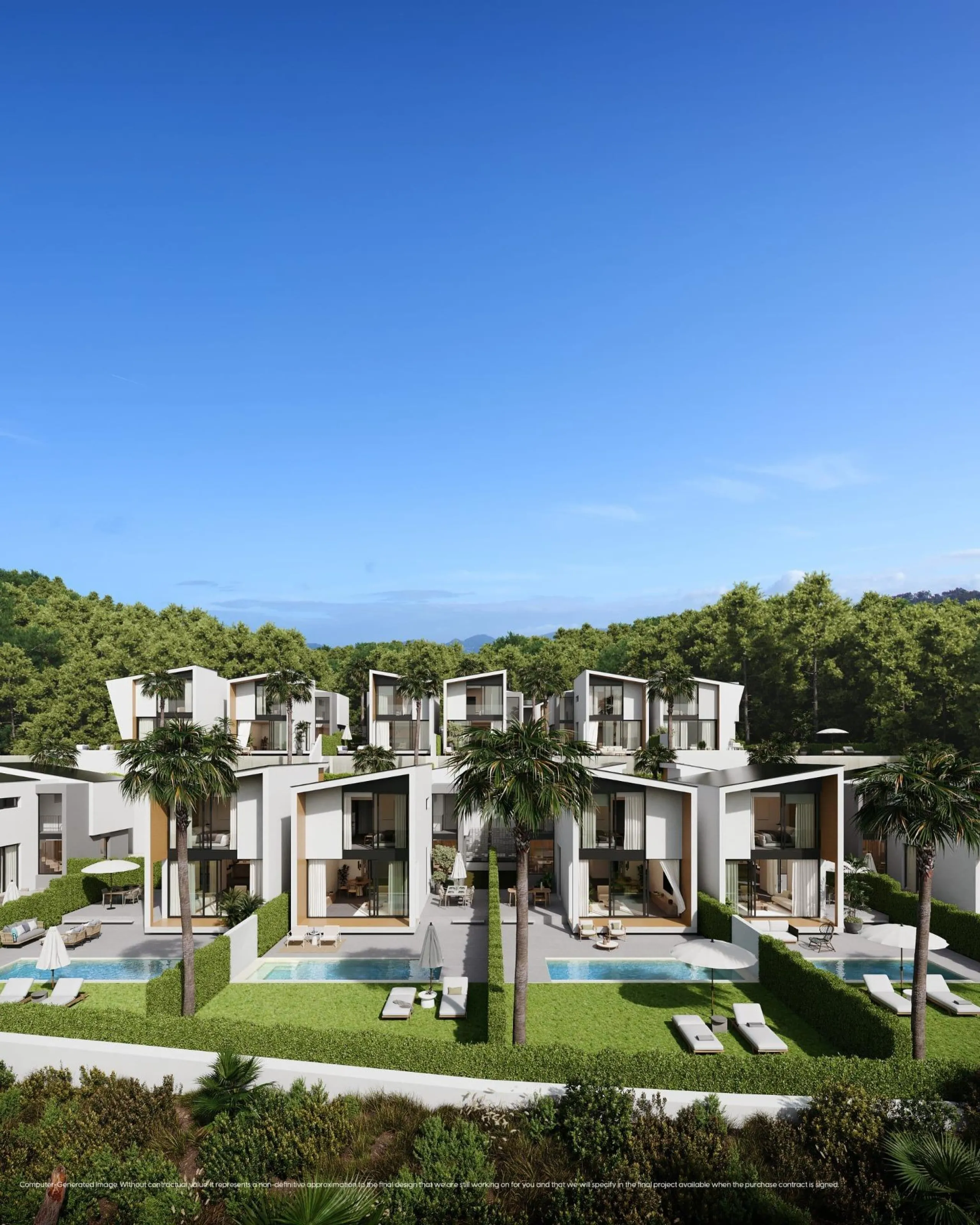 NEW BUILD VILLAS WITH SEA VIEWS IN LA CALA DE MIJAS& & Starting from the traditional silhouette of a house, the primordial pentagon, the design team has evolved these geometric lines to create a symbiosis with the existing vegetation, establishing a